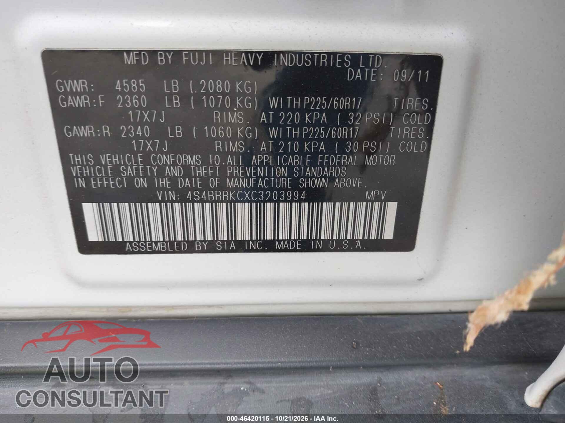 SUBARU OUTBACK 2012 - 4S4BRBKCXC3203994