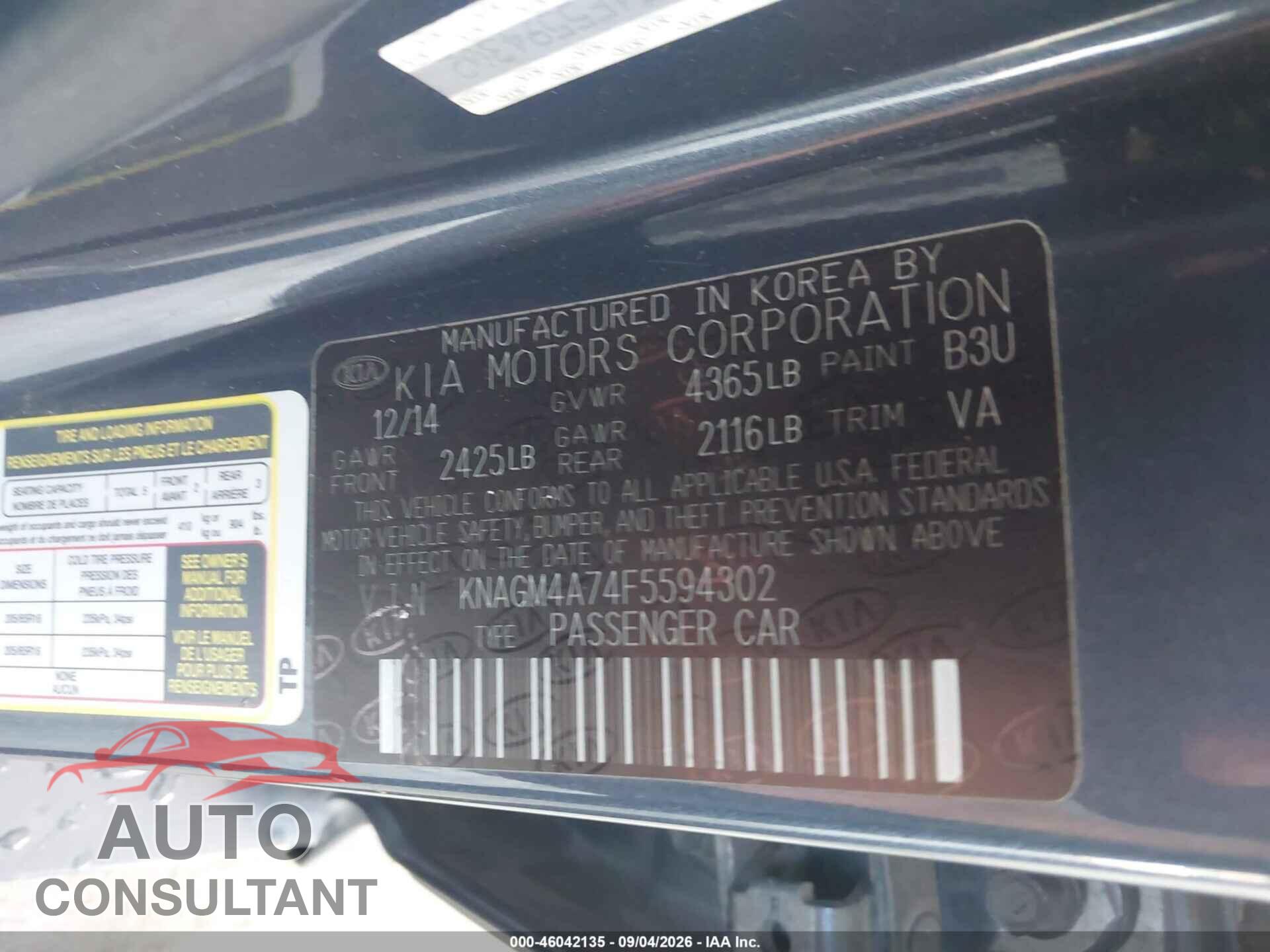 KIA OPTIMA 2015 - KNAGM4A74F5594302