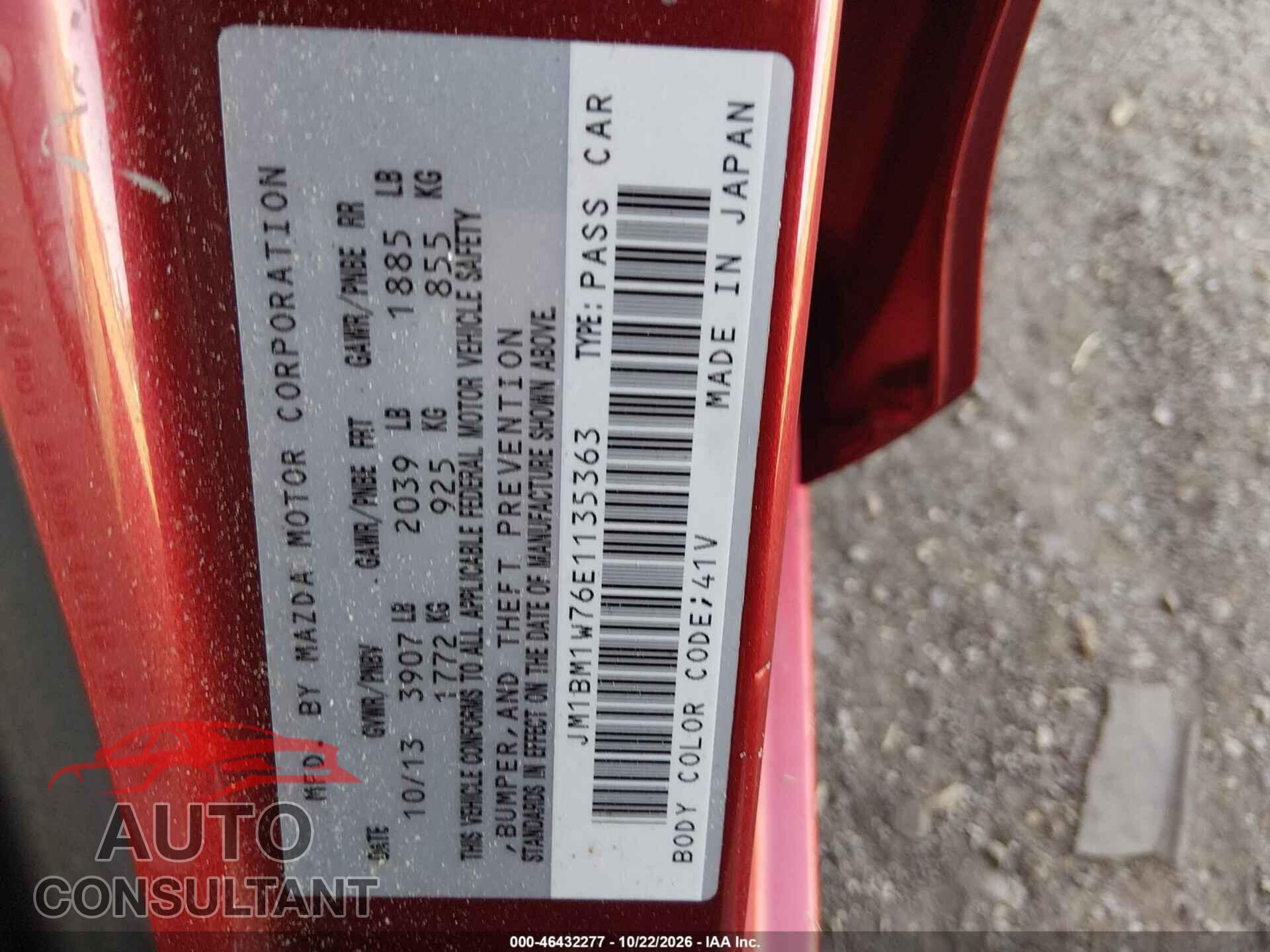 MAZDA MAZDA3 2014 - JM1BM1W76E1135363