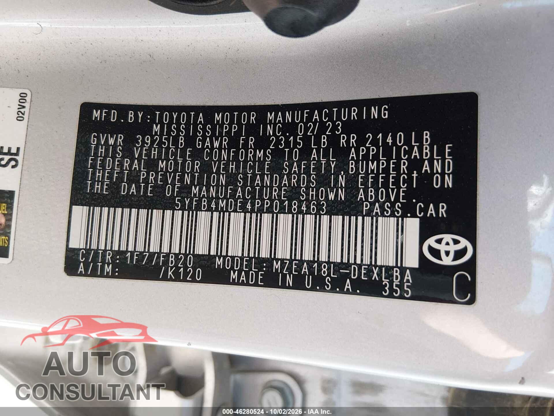 TOYOTA COROLLA 2023 - 5YFB4MDE4PP018463