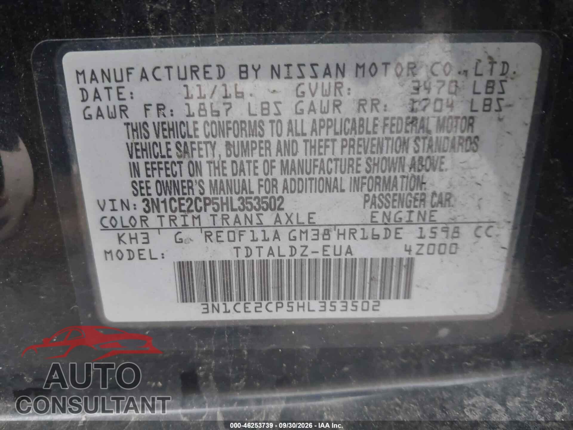 NISSAN VERSA NOTE 2017 - 3N1CE2CP5HL353502