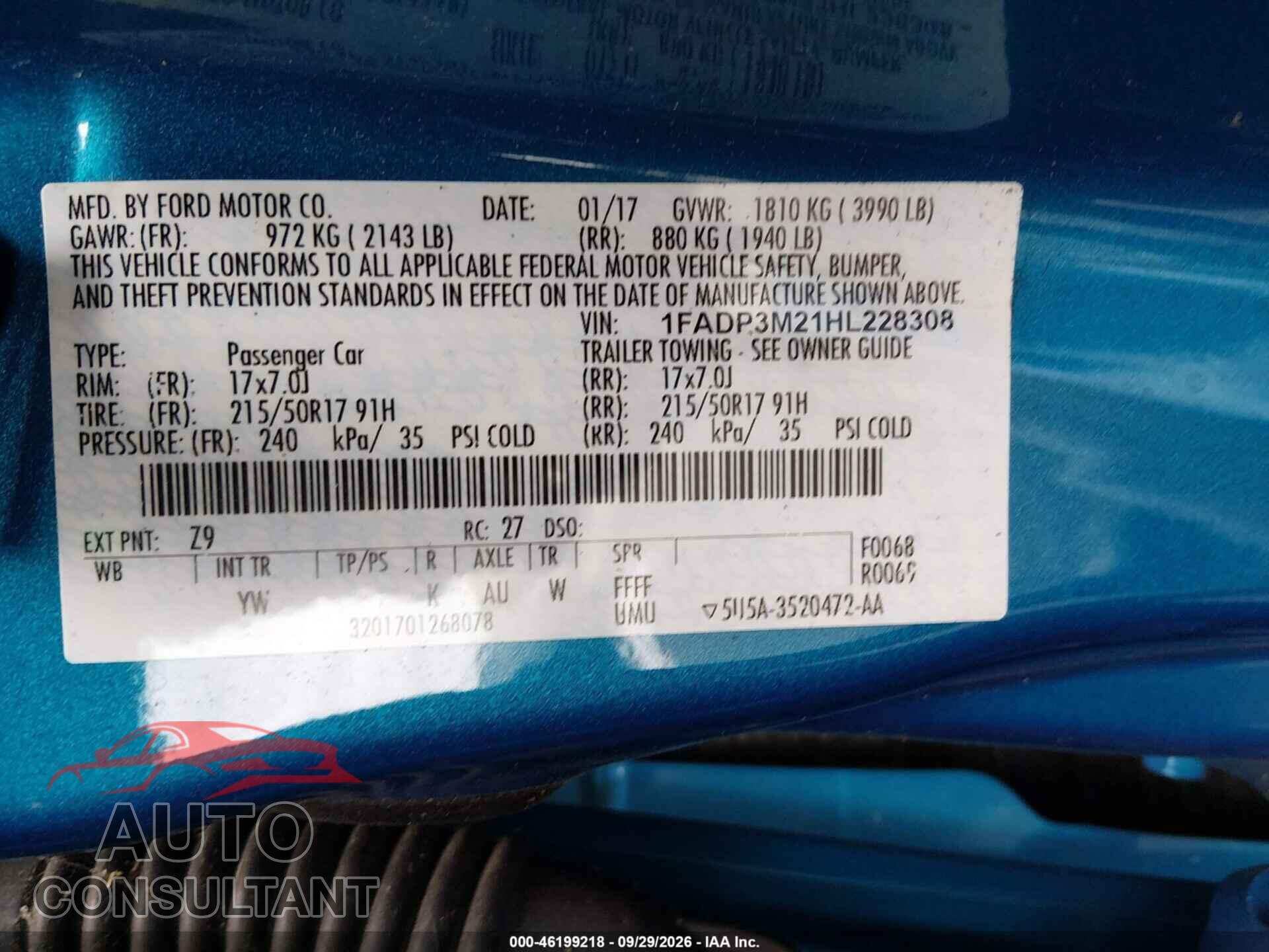 FORD FOCUS 2017 - 1FADP3M21HL228308