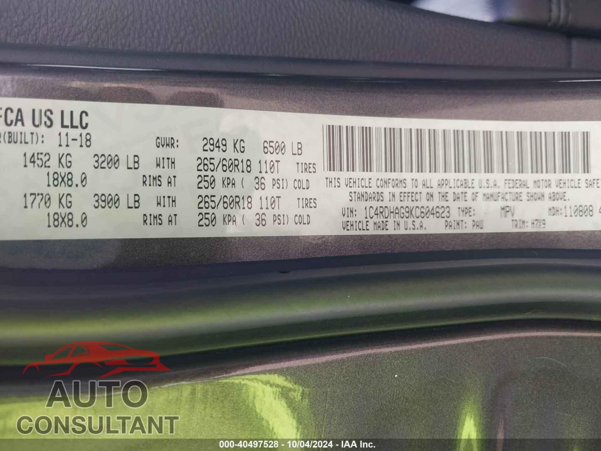 DODGE DURANGO 2019 - 1C4RDHAG9KC604623