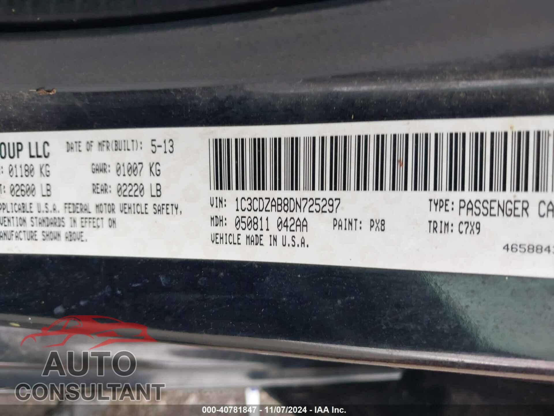 DODGE AVENGER 2013 - 1C3CDZAB8DN725297