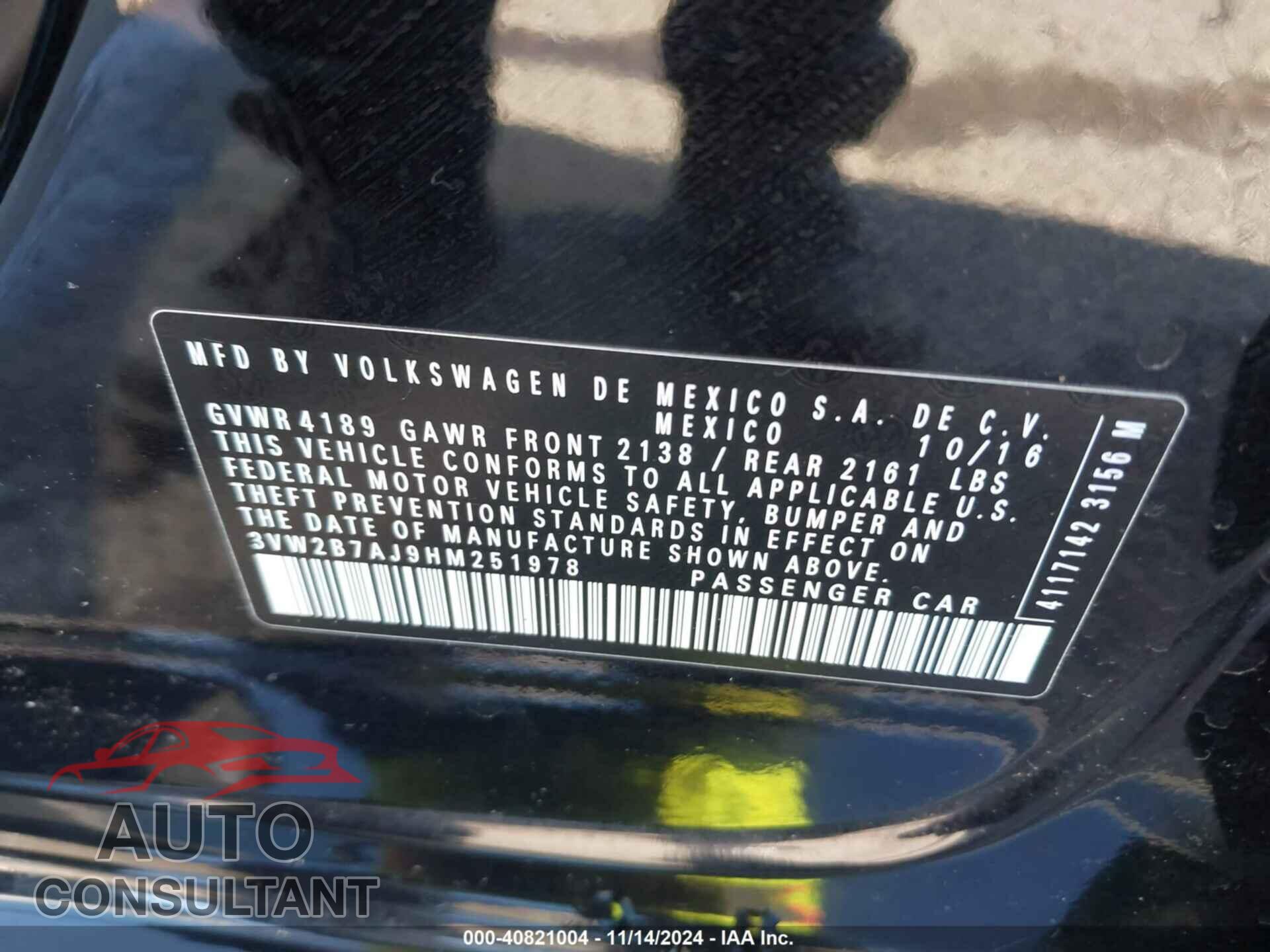 VOLKSWAGEN JETTA 2017 - 3VW2B7AJ9HM251978