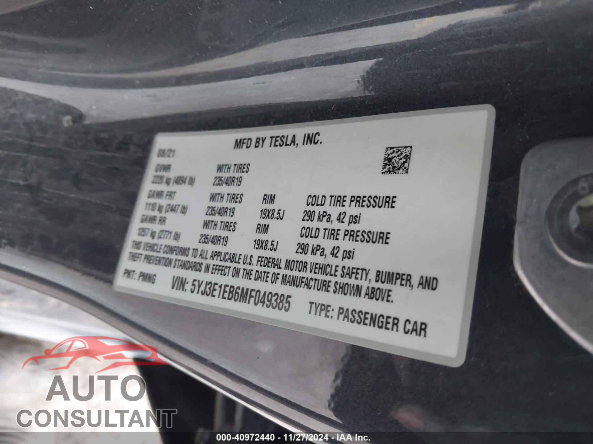 TESLA MODEL 3 2021 - 5YJ3E1EB6MF049385