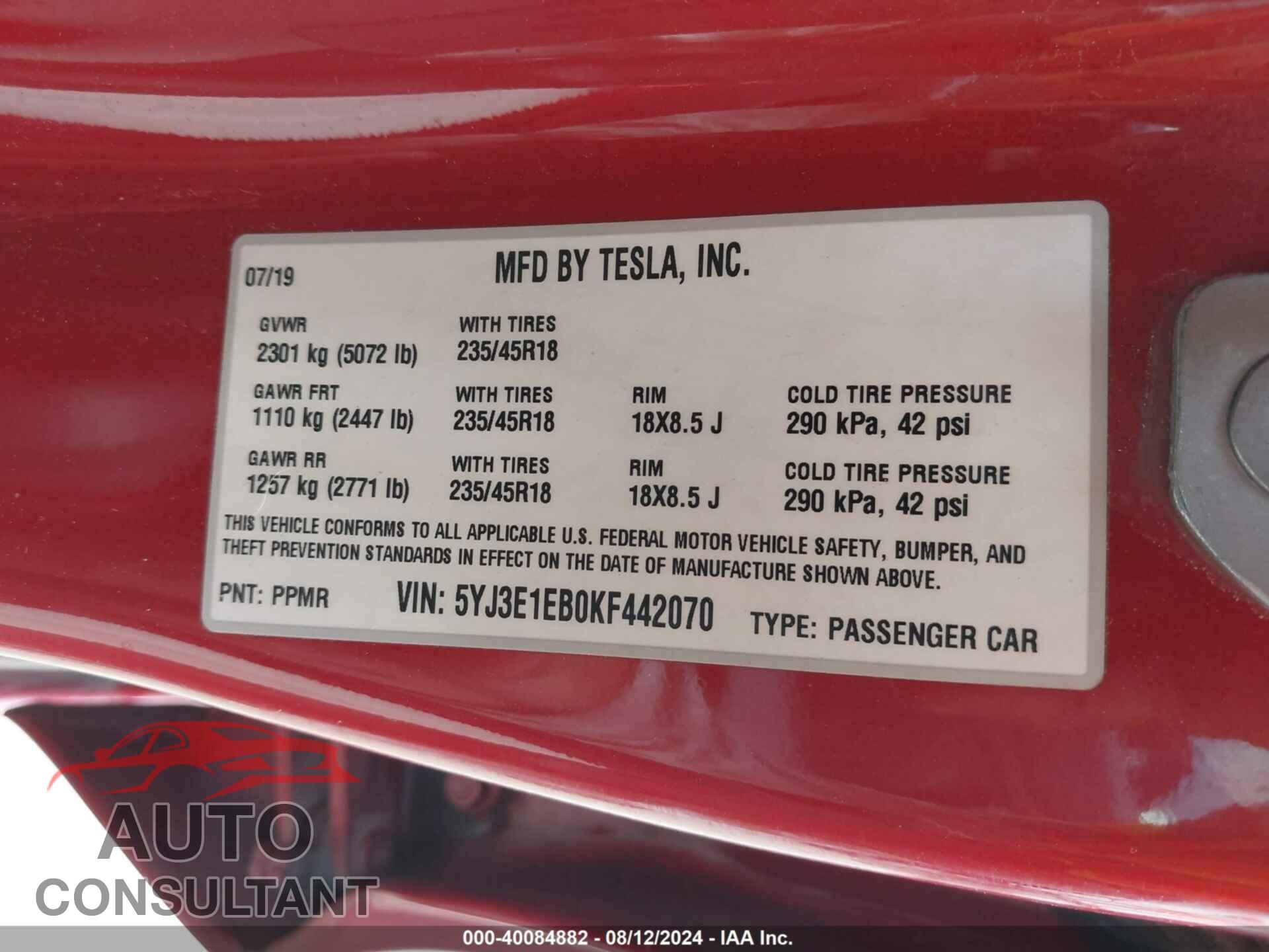 TESLA MODEL 3 2019 - 5YJ3E1EB0KF442070