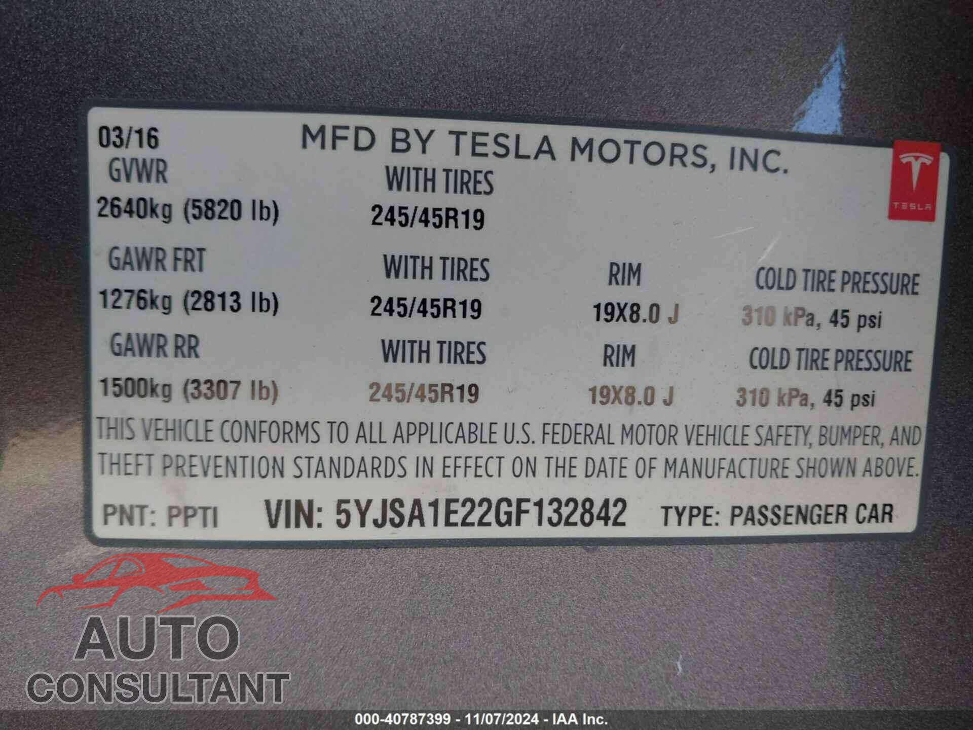 TESLA MODEL S 2016 - 5YJSA1E22GF132842
