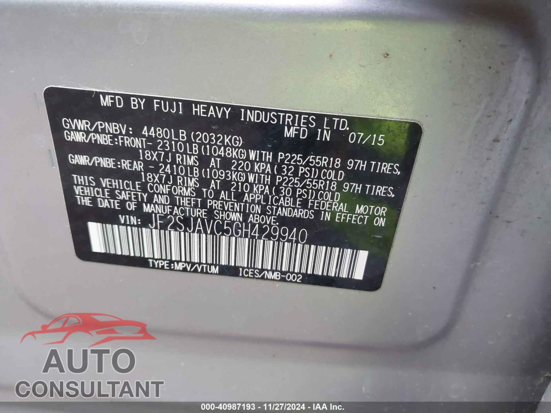 SUBARU FORESTER 2016 - JF2SJAVC5GH429940