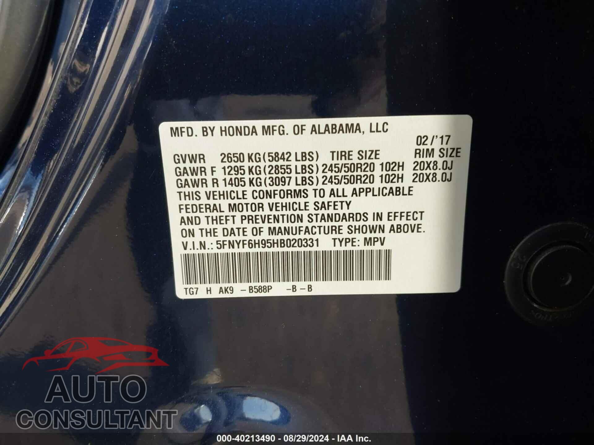 HONDA PILOT 2017 - 5FNYF6H95HB020331