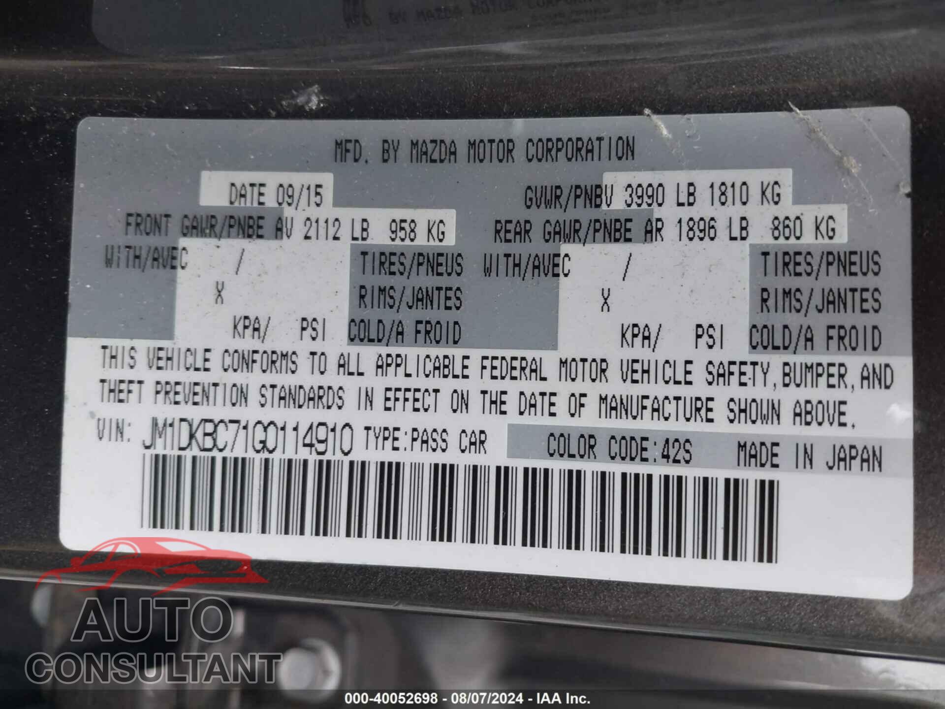 MAZDA CX-3 2016 - JM1DKBC71G0114910