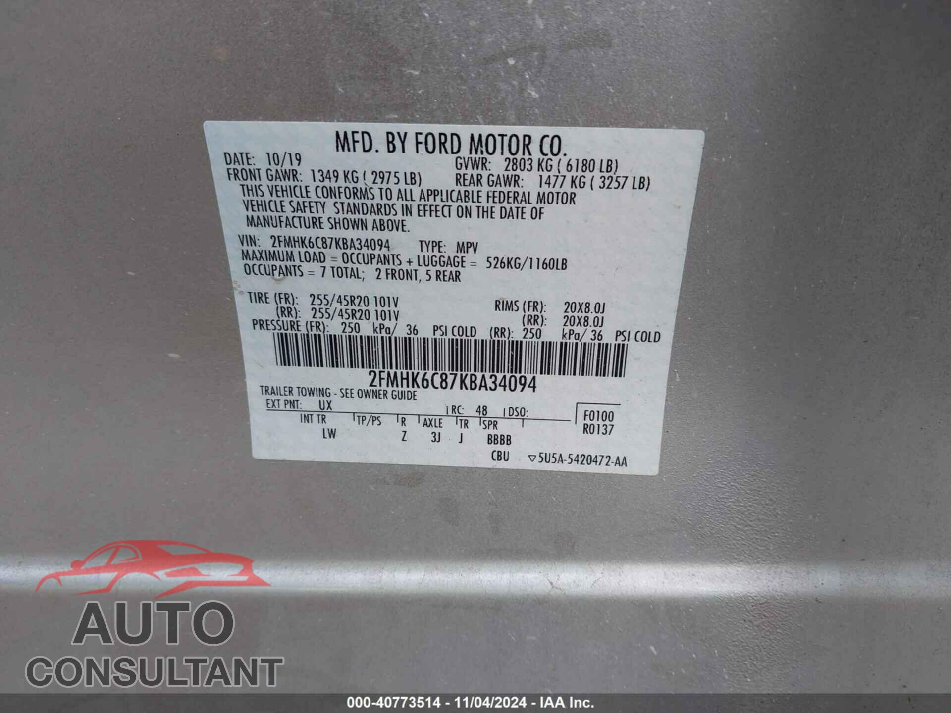 FORD FLEX 2019 - 2FMHK6C87KBA34094