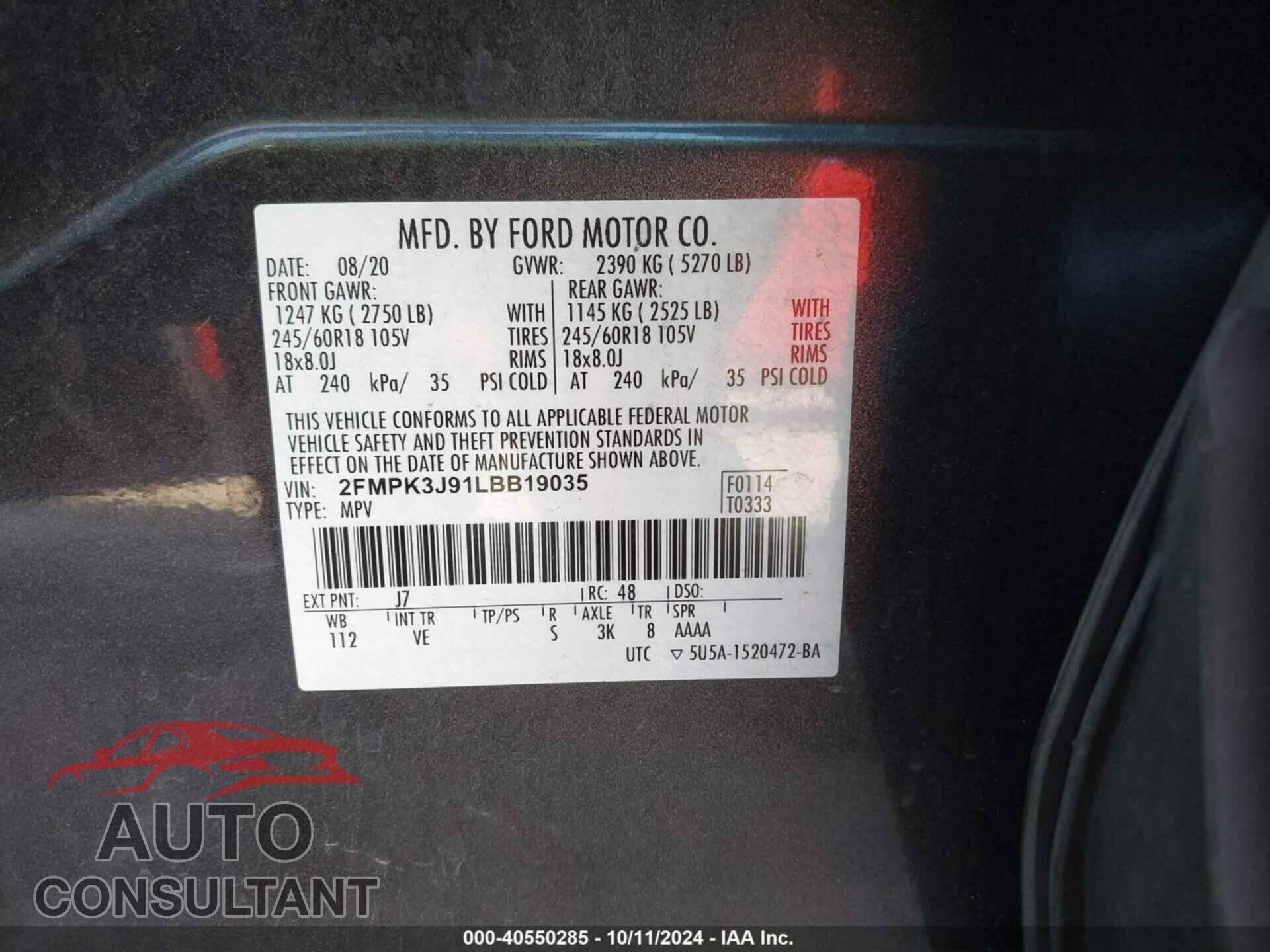 FORD EDGE 2020 - 2FMPK3J91LBB19035