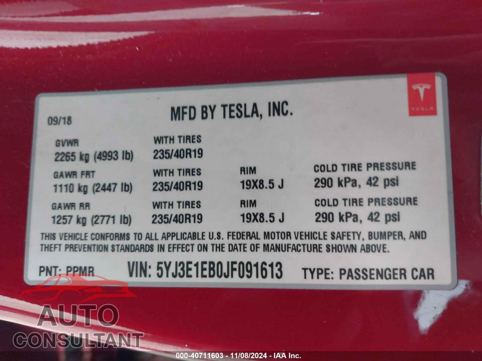 TESLA MODEL 3 2018 - 5YJ3E1EB0JF091613