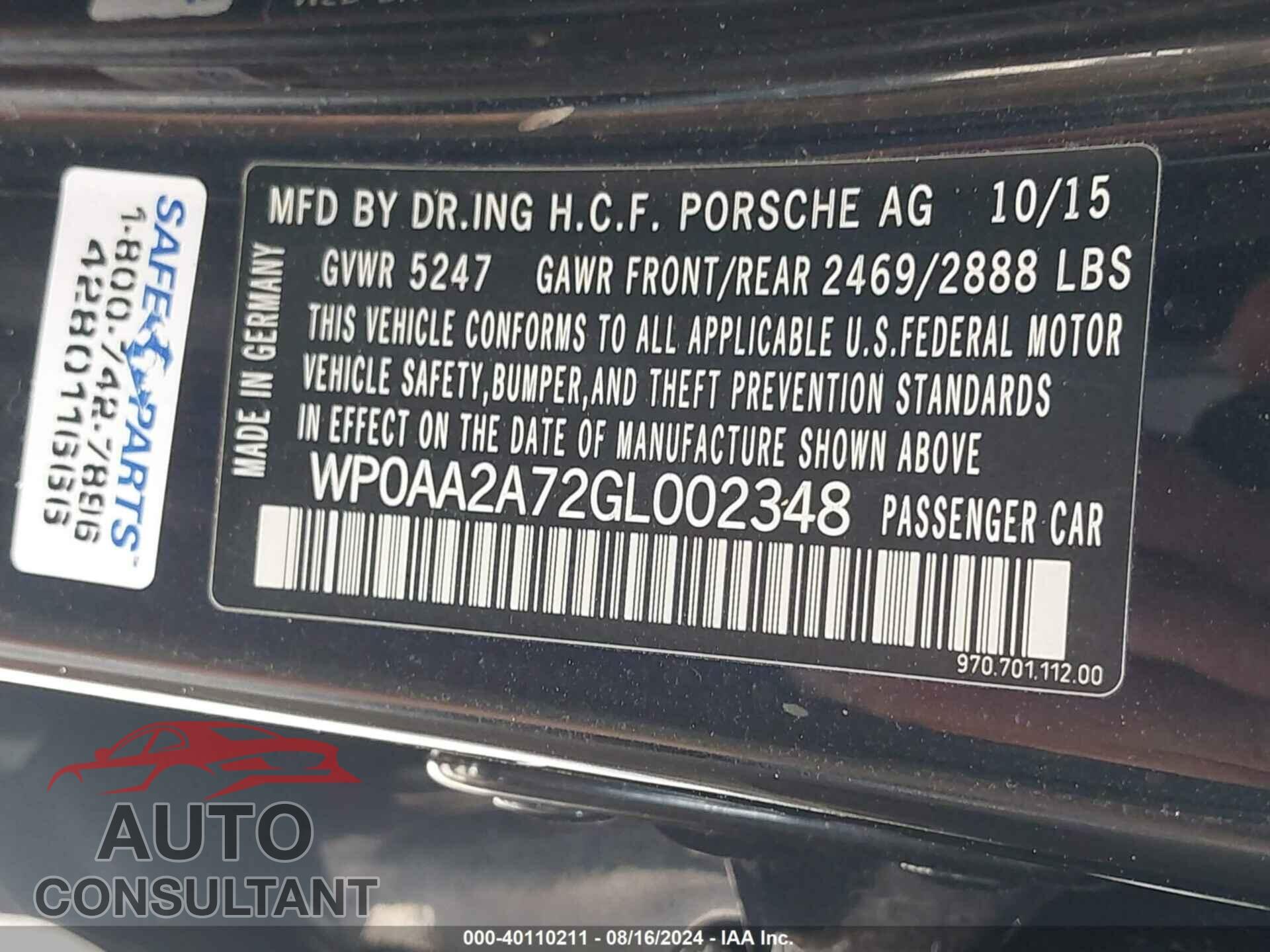 PORSCHE PANAMERA 2016 - WP0AA2A72GL002348
