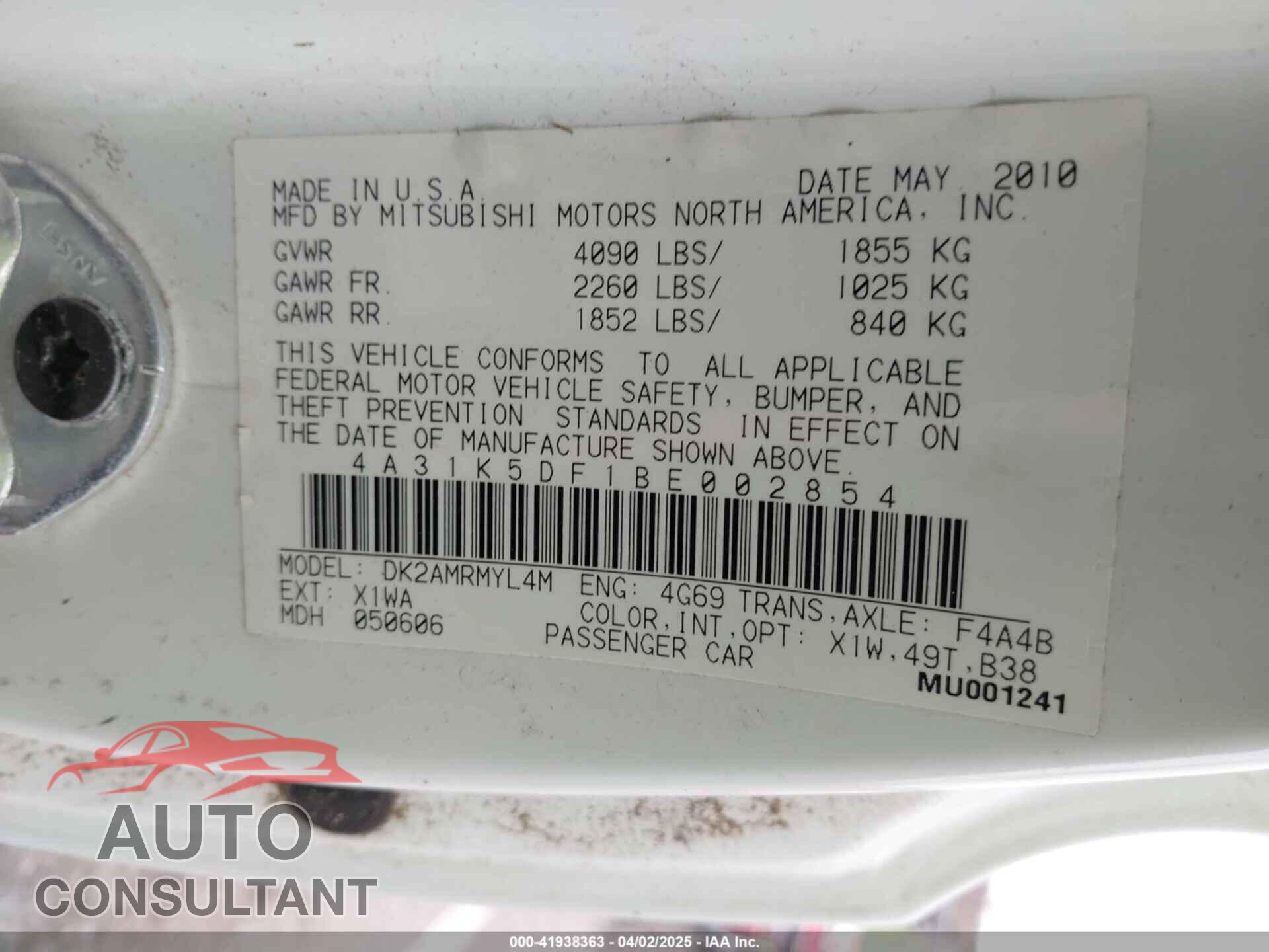 MITSUBISHI ECLIPSE 2011 - 4A31K5DF1BE002854
