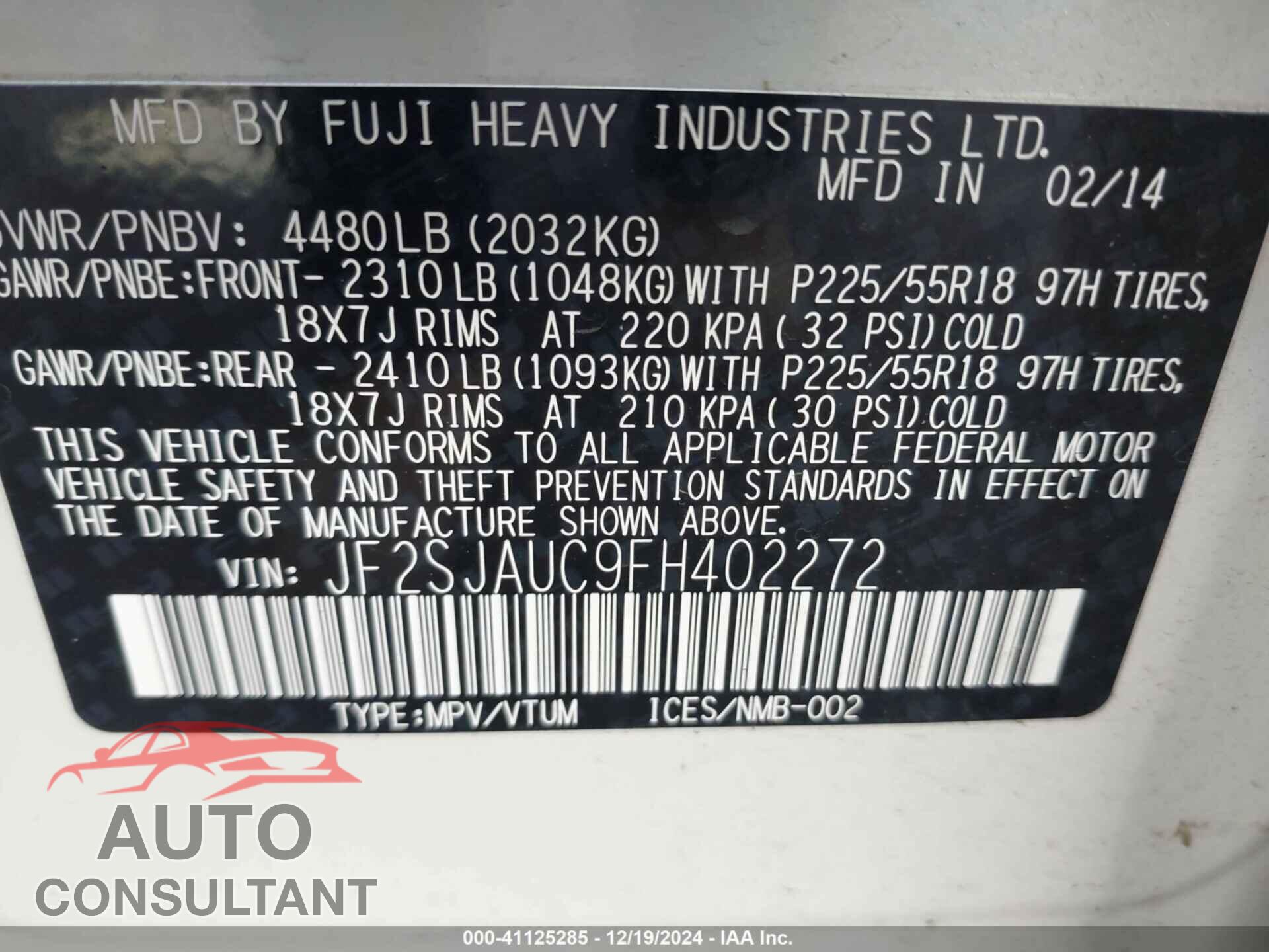 SUBARU FORESTER 2015 - JF2SJAUC9FH402272