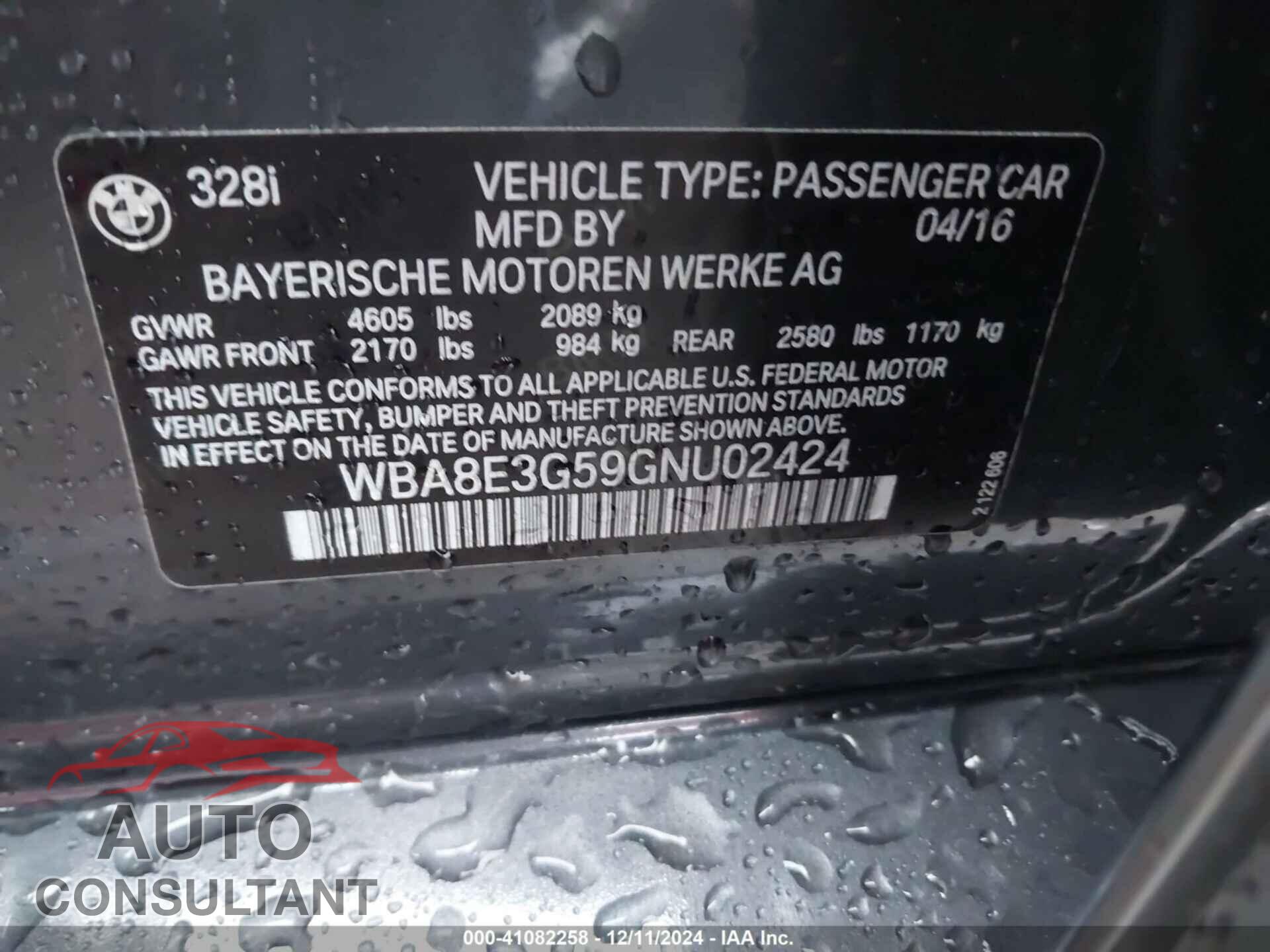 BMW 328I 2016 - WBA8E3G59GNU02424