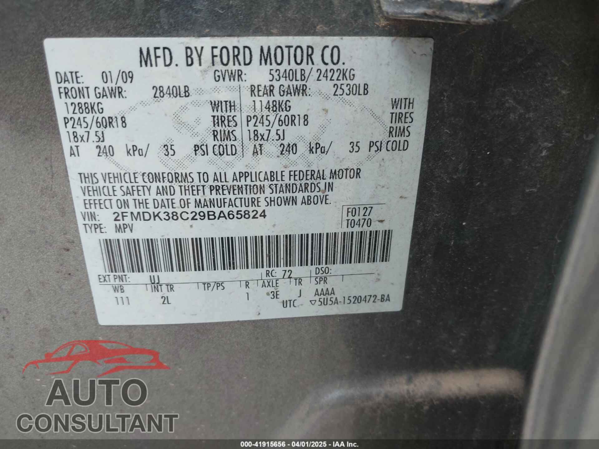 FORD EDGE 2009 - 2FMDK38C29BA65824