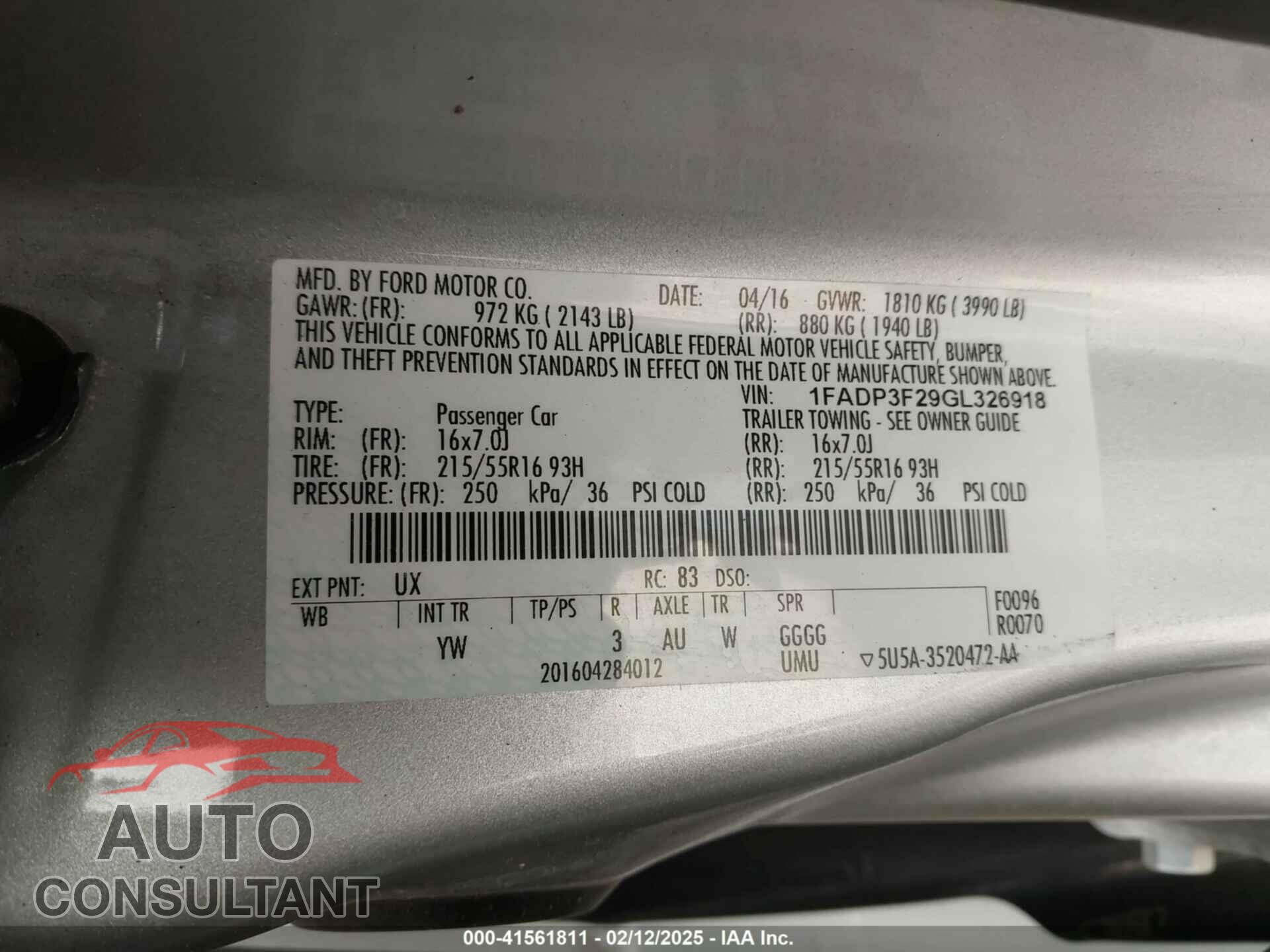 FORD FOCUS 2016 - 1FADP3F29GL326918
