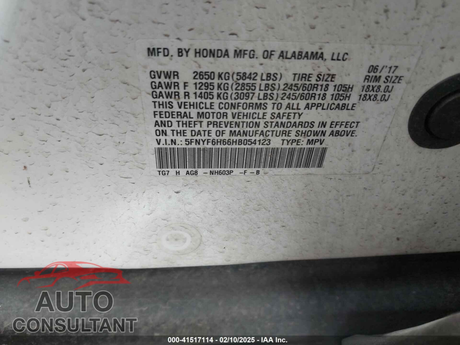HONDA PILOT 2017 - 5FNYF6H66HB054123
