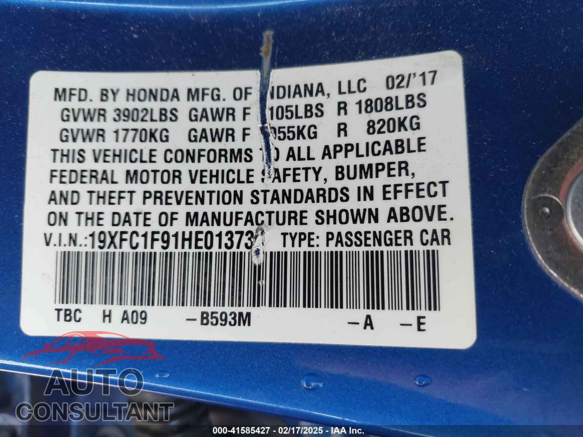HONDA CIVIC 2017 - 19XFC1F91HE013730