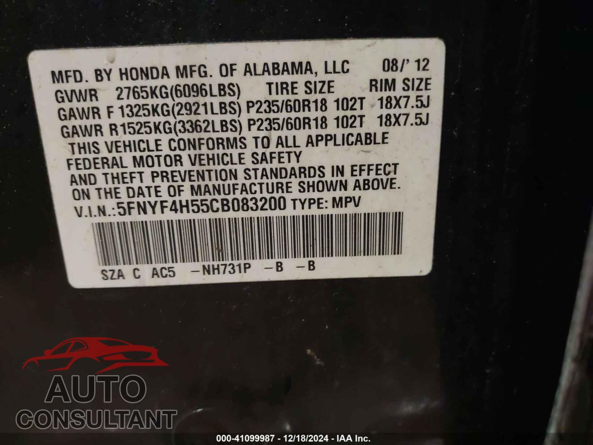 HONDA PILOT 2012 - 5FNYF4H55CB083200