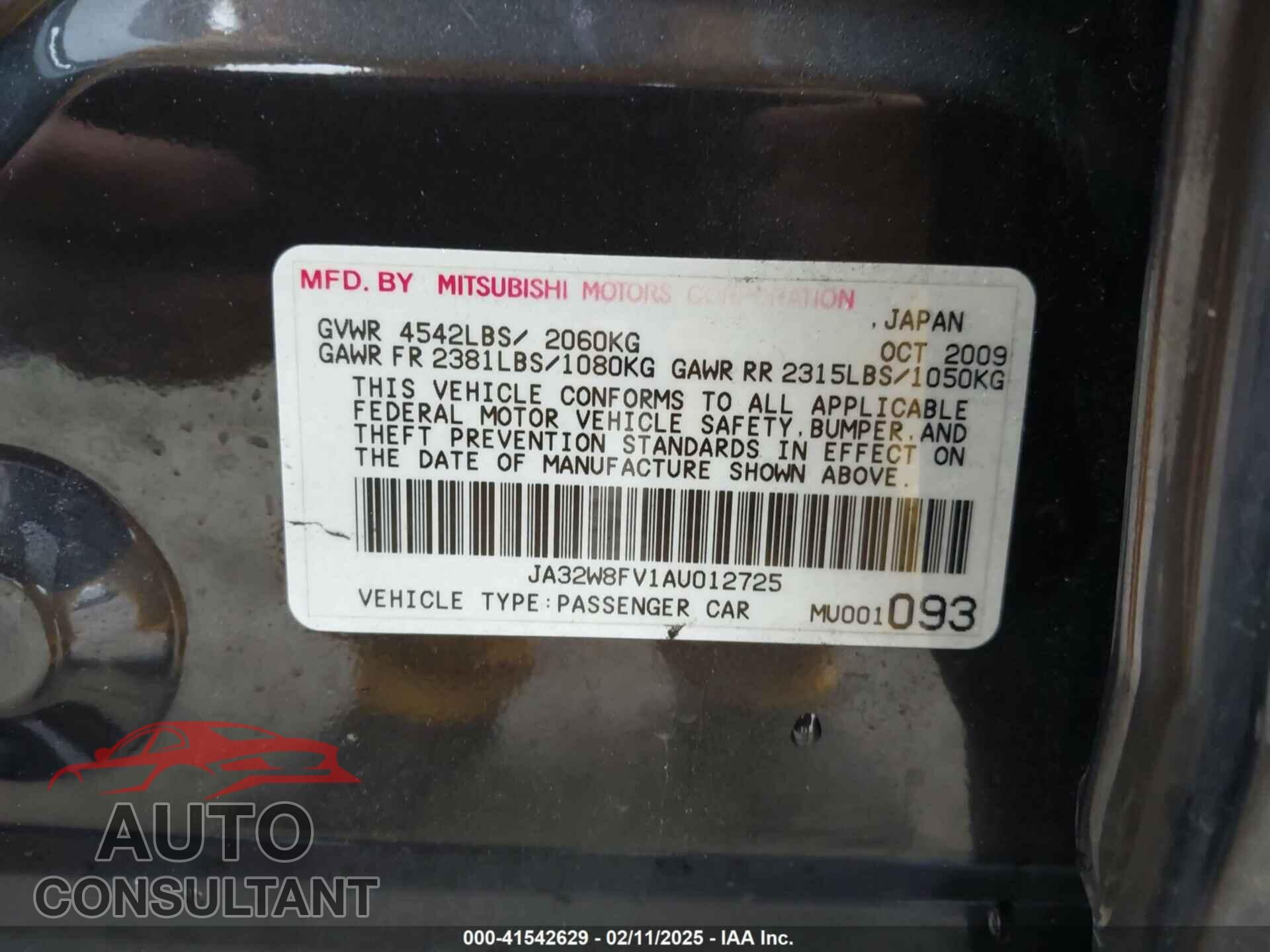 MITSUBISHI LANCER EVOLUTION 2010 - JA32W8FV1AU012725