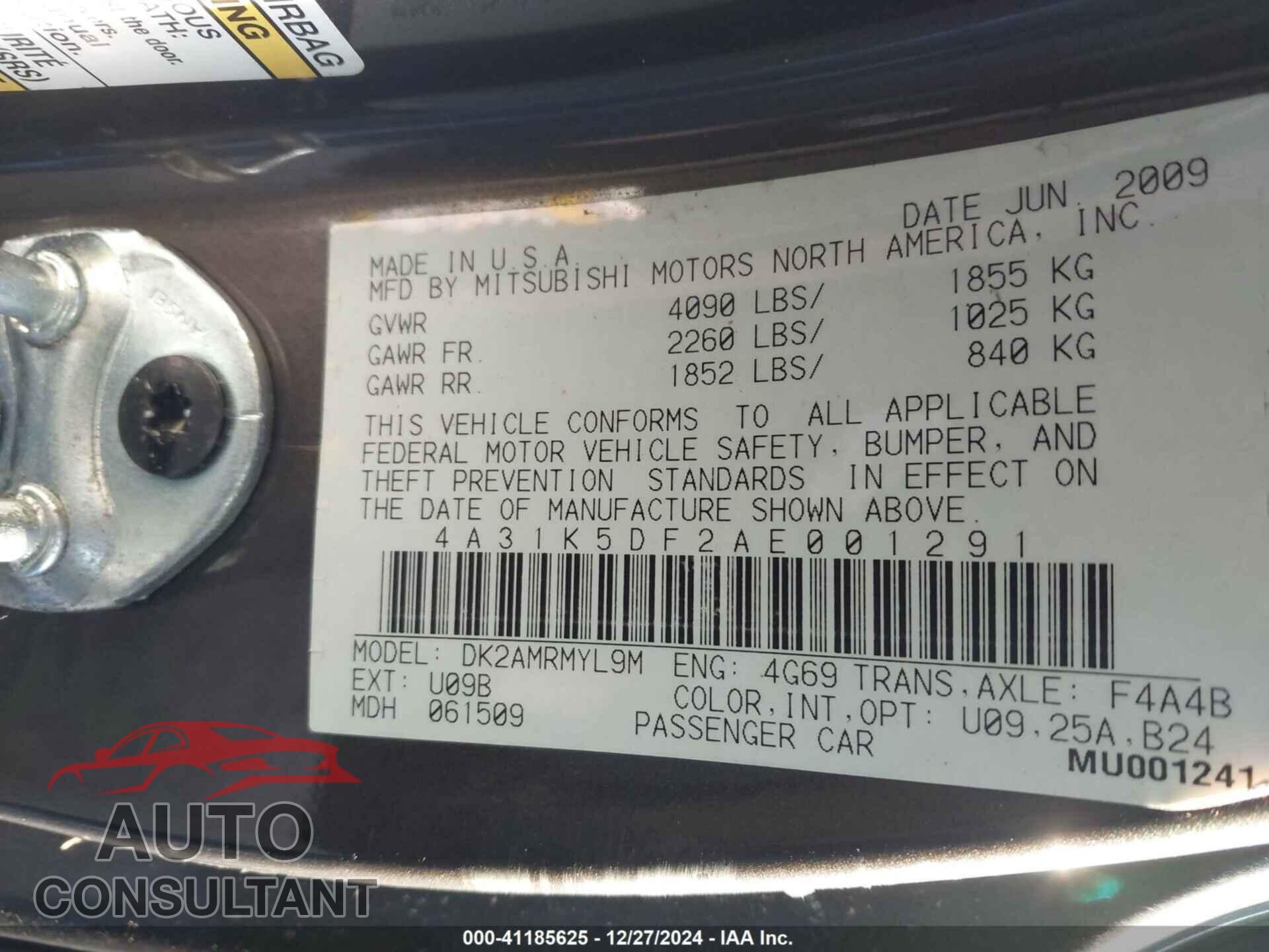 MITSUBISHI ECLIPSE 2010 - 4A31K5DF2AE001291