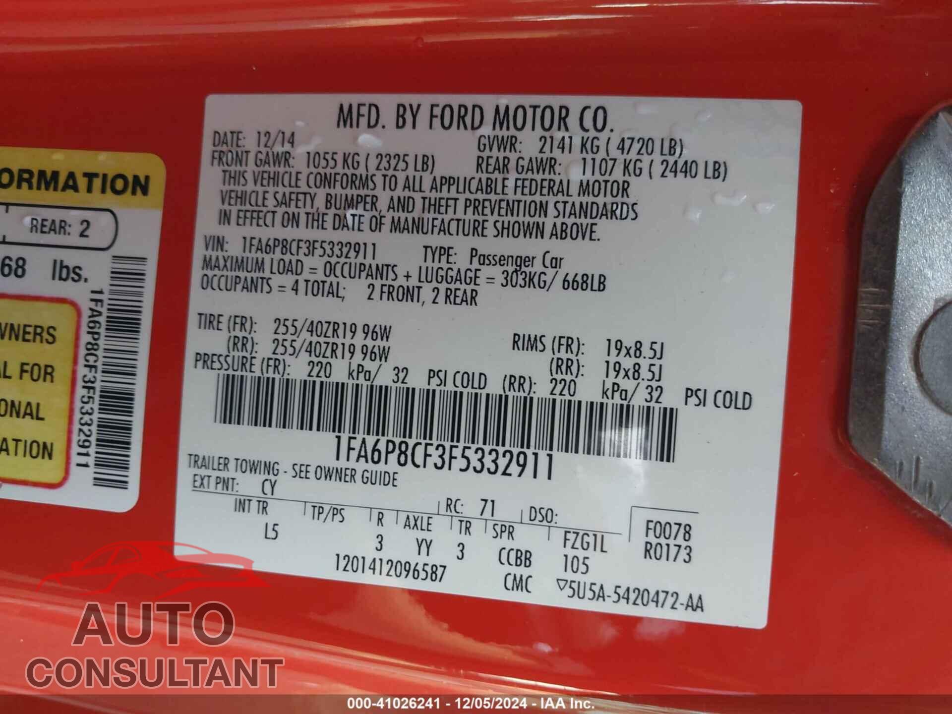FORD MUSTANG 2015 - 1FA6P8CF3F5332911