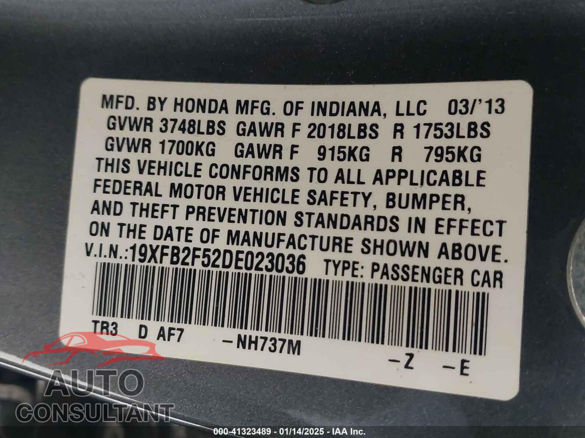 HONDA CIVIC 2013 - 19XFB2F52DE023036