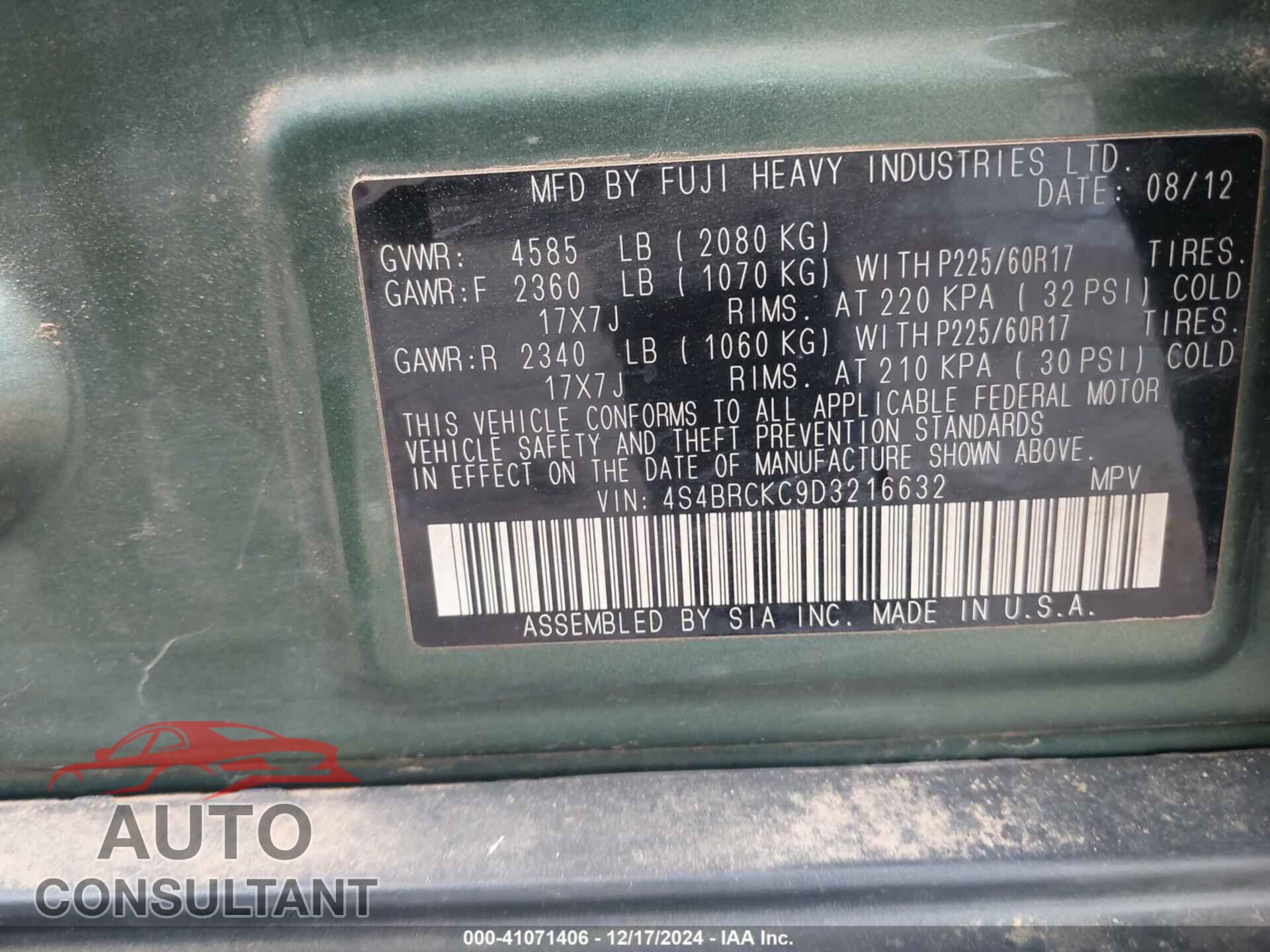 SUBARU OUTBACK 2013 - 4S4BRCKC9D3216632