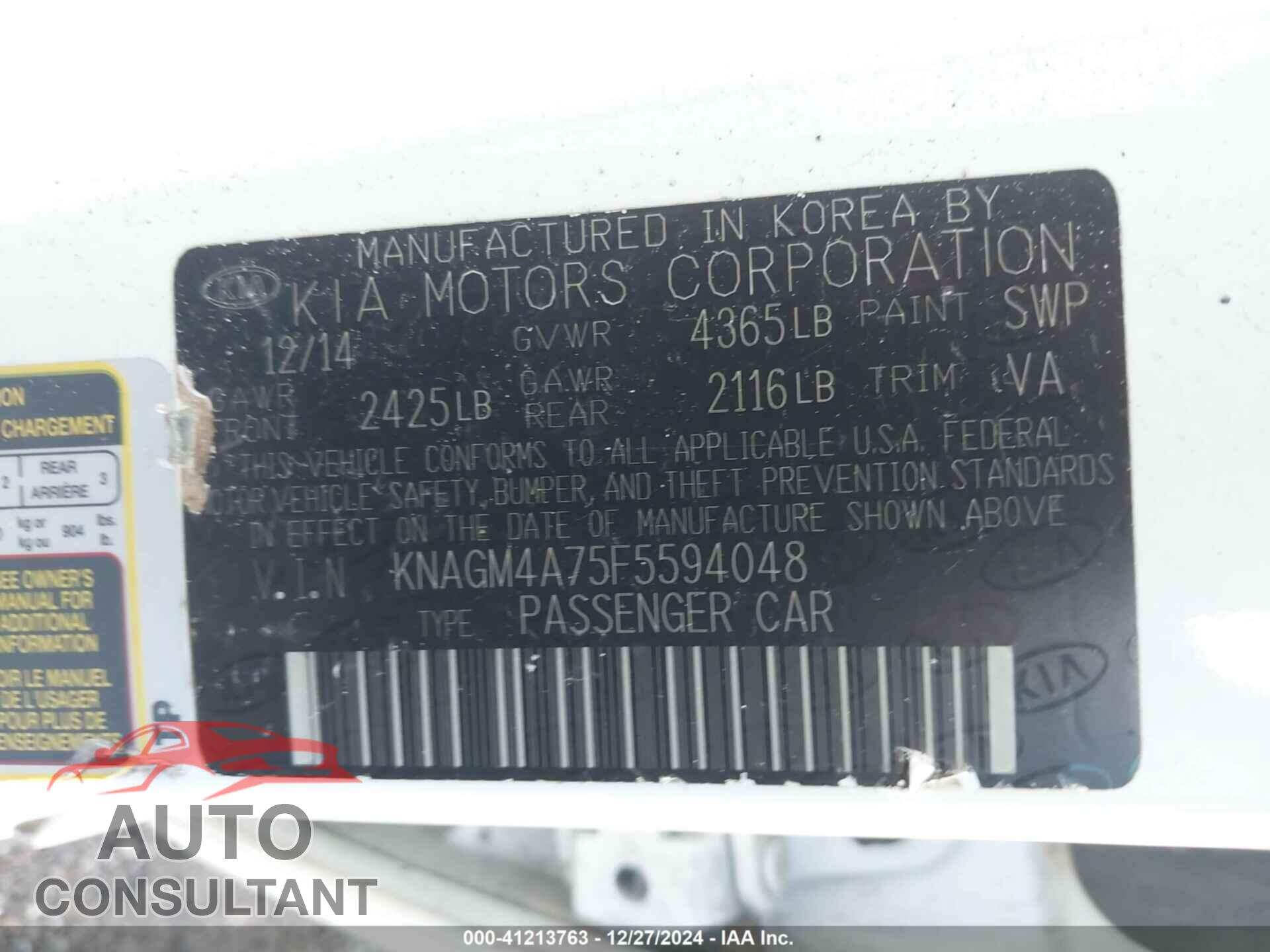 KIA OPTIMA 2015 - KNAGM4A75F5594048