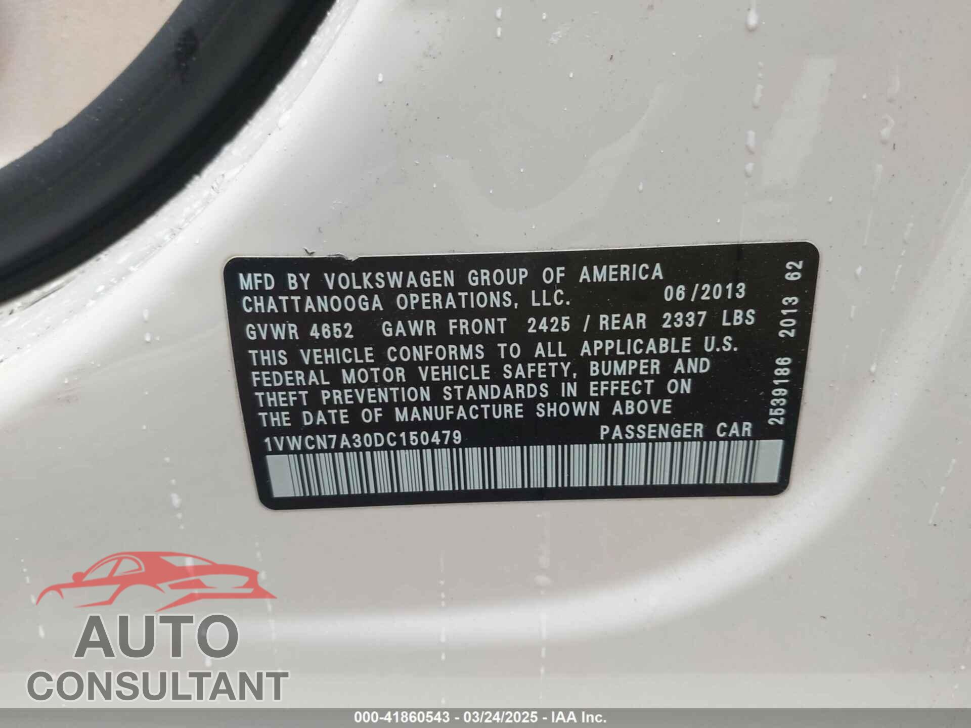 VOLKSWAGEN PASSAT 2013 - 1VWCN7A30DC150479