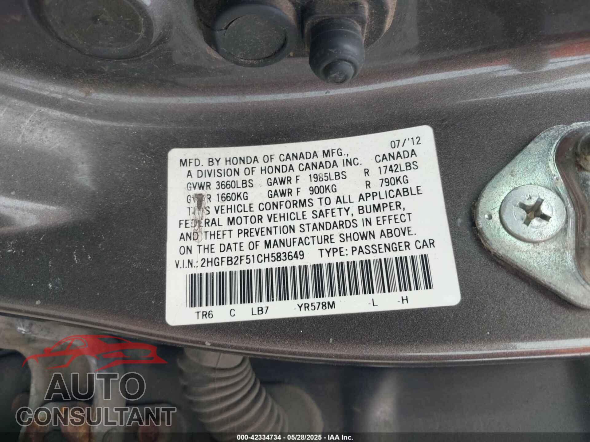 HONDA CIVIC 2012 - 2HGFB2F51CH583649