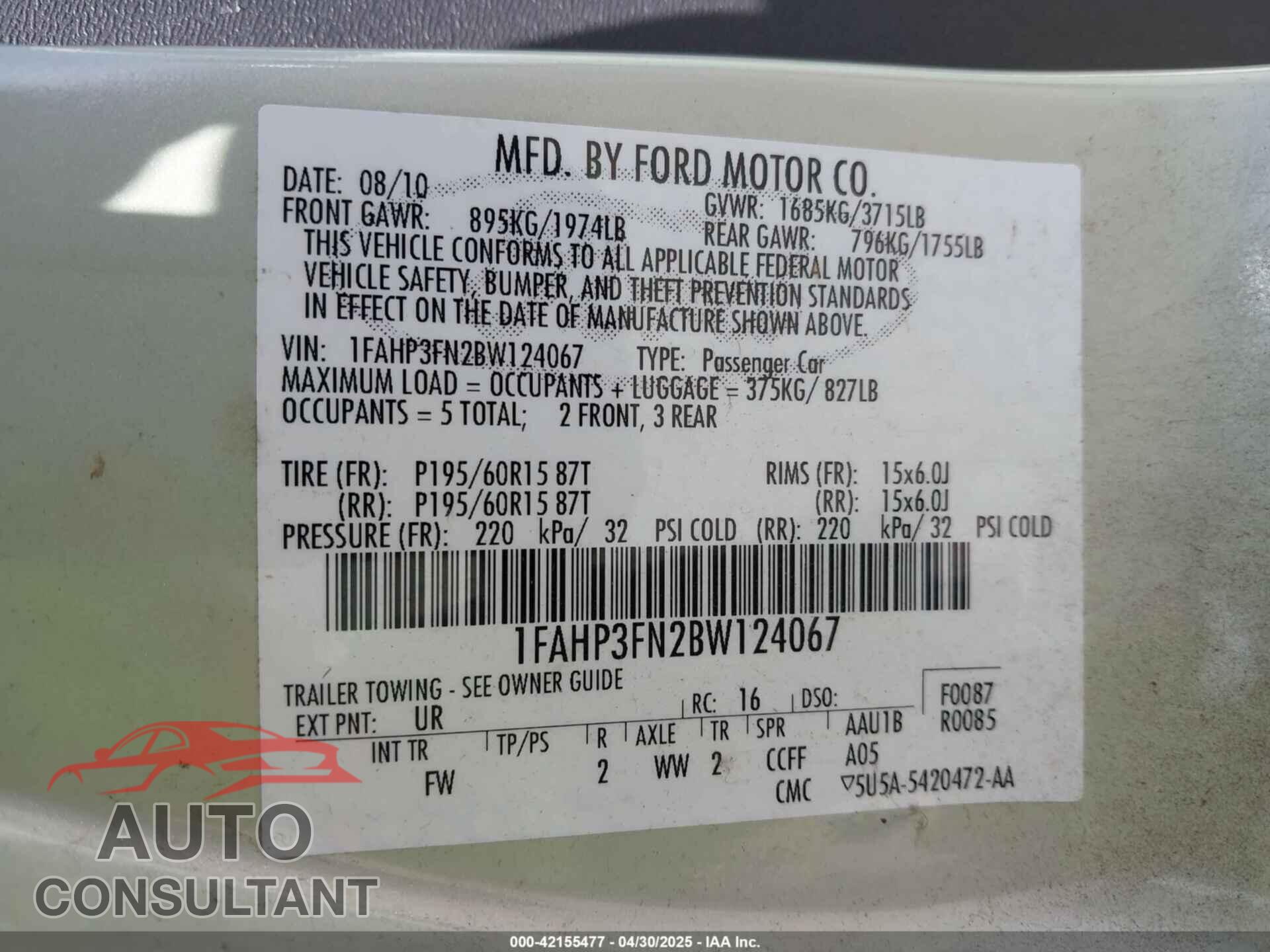 FORD FOCUS 2011 - 1FAHP3FN2BW124067