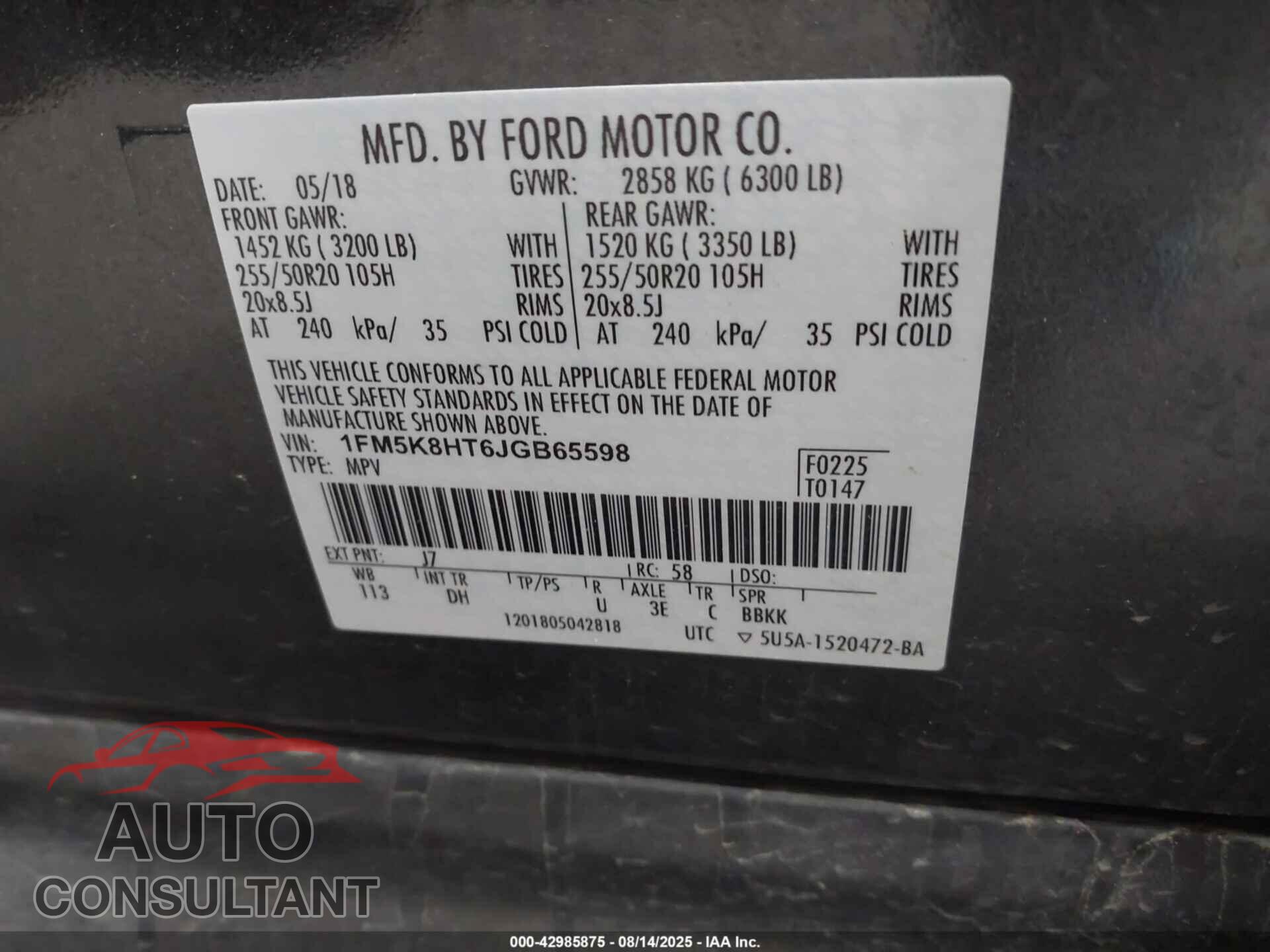 FORD EXPLORER 2018 - 1FM5K8HT6JGB65598