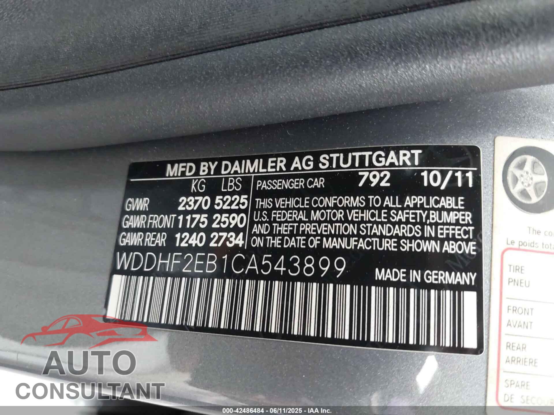 MERCEDES-BENZ E 2012 - WDDHF2EB1CA543899