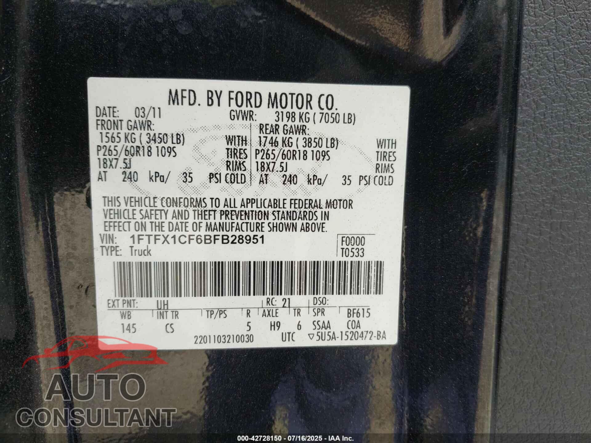 FORD F-150 2011 - 1FTFX1CF6BFB28951