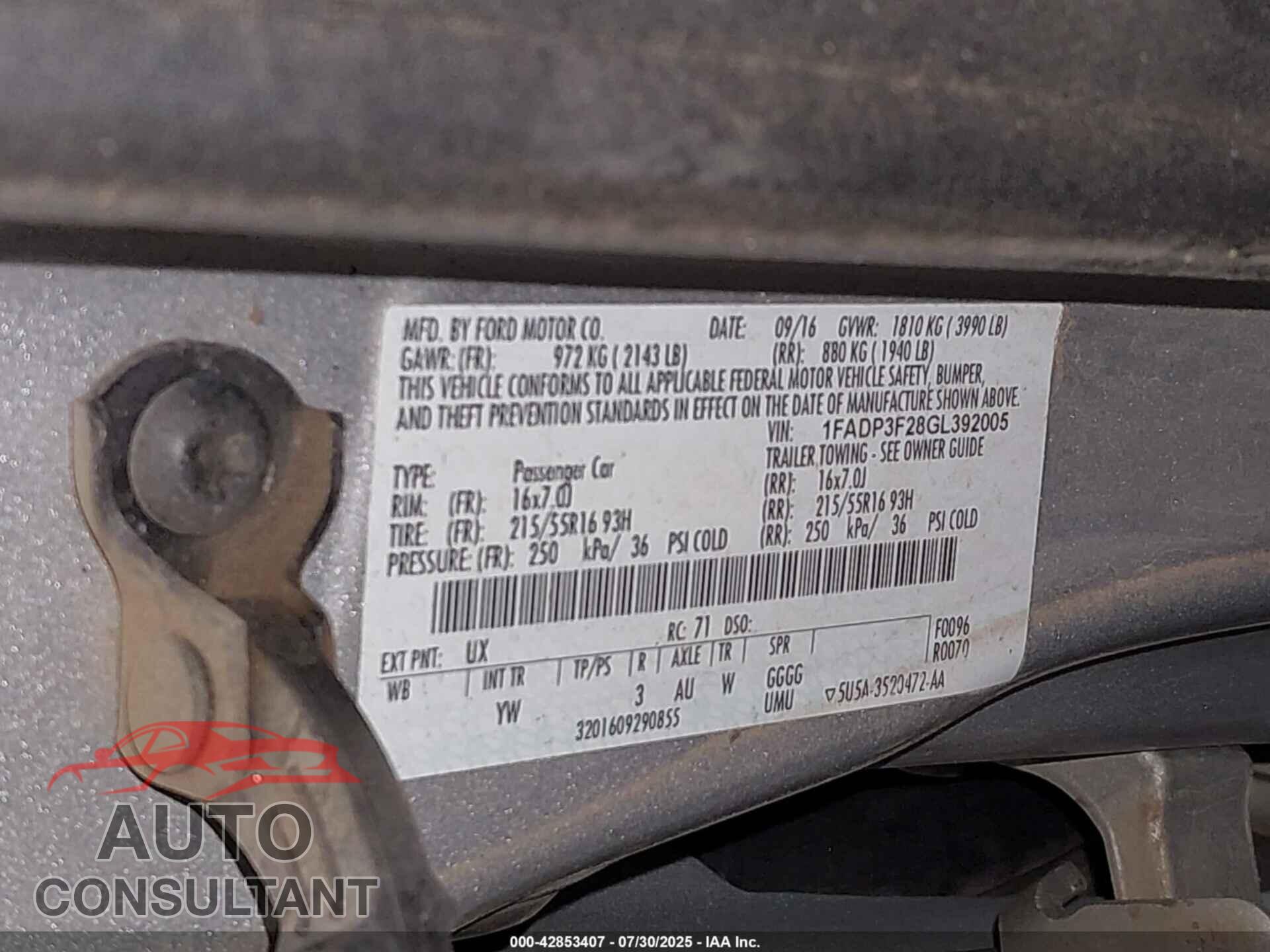 FORD FOCUS 2016 - 1FADP3F28GL392005