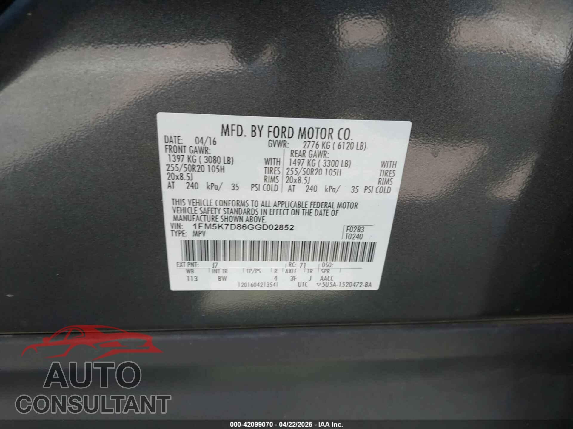 FORD EXPLORER 2016 - 1FM5K7D86GGD02852