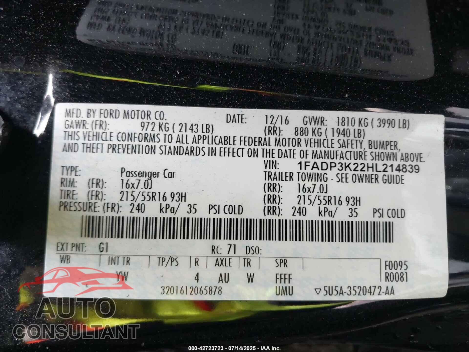 FORD FOCUS 2017 - 1FADP3K22HL214839