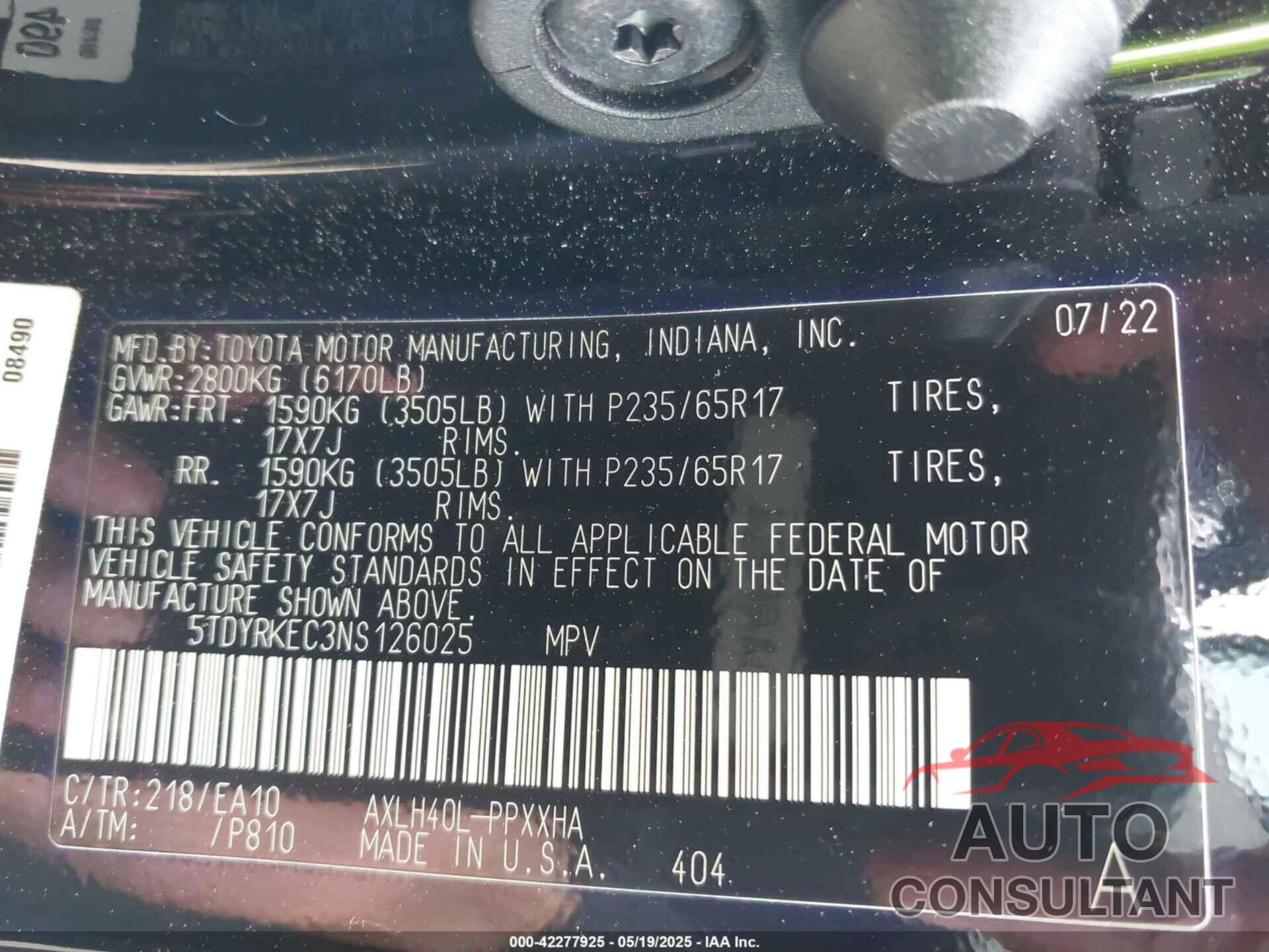 TOYOTA SIENNA 2022 - 5TDYRKEC3NS126025