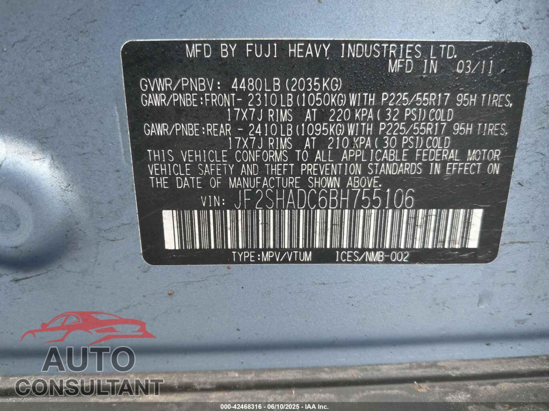 SUBARU FORESTER 2011 - JF2SHADC6BH755106