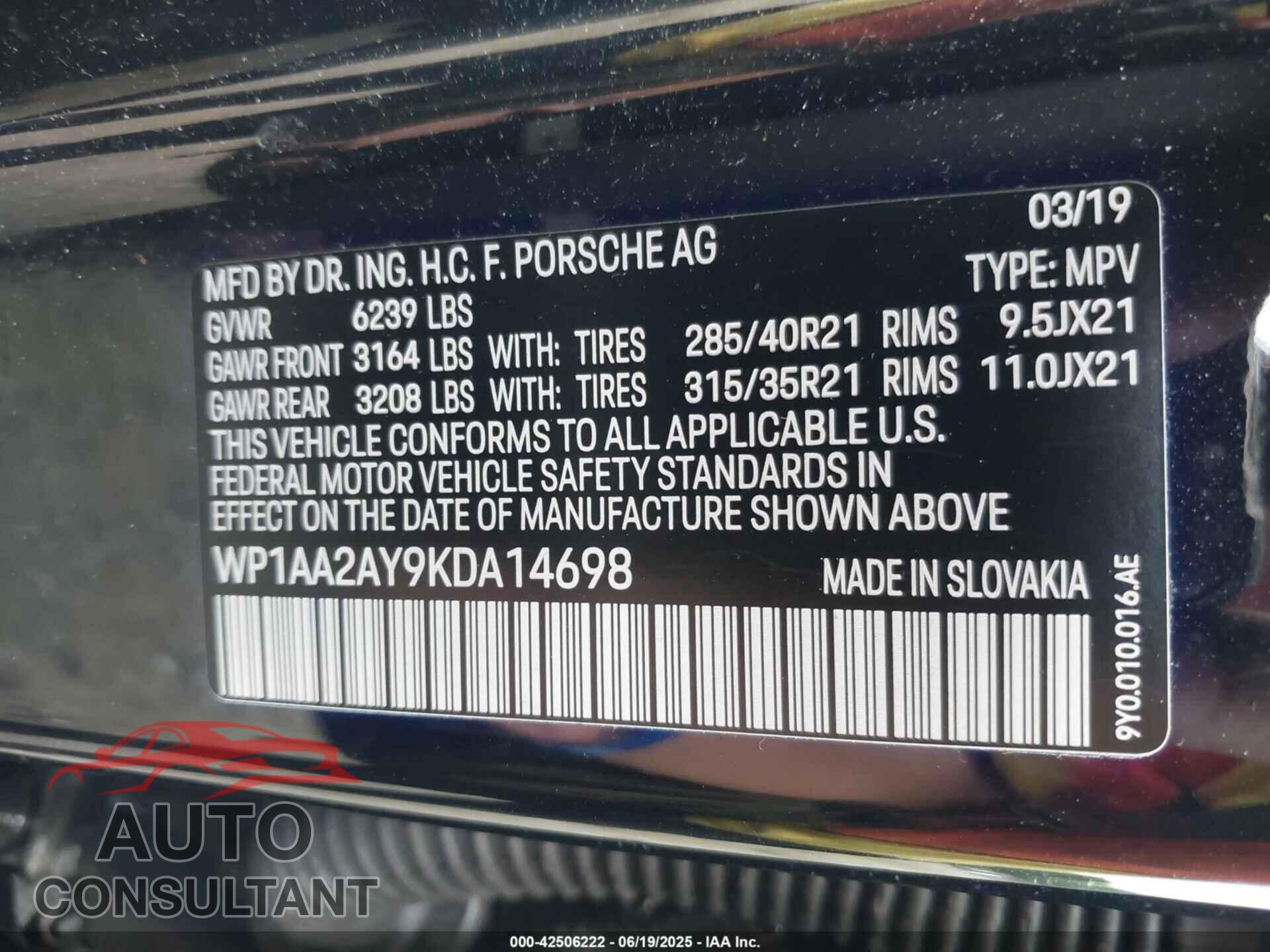 PORSCHE CAYENNE 2019 - WP1AA2AY9KDA14698