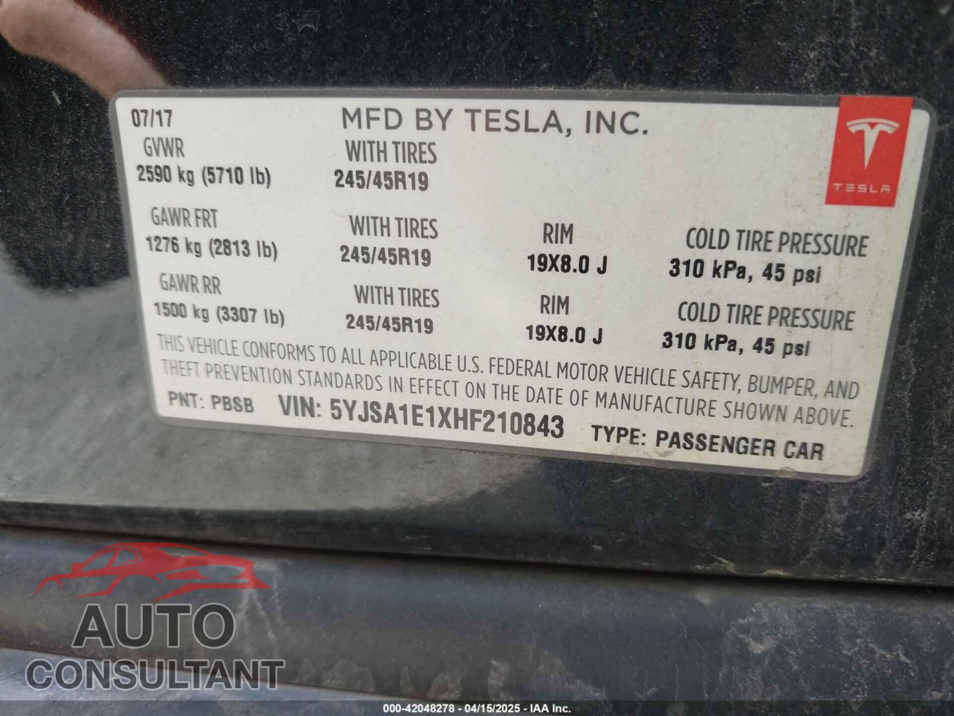 TESLA MODEL S 2017 - 5YJSA1E1XHF210843