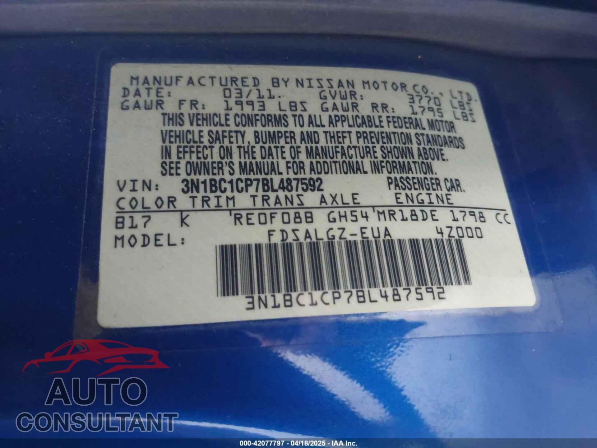 NISSAN VERSA 2011 - 3N1BC1CP7BL487592