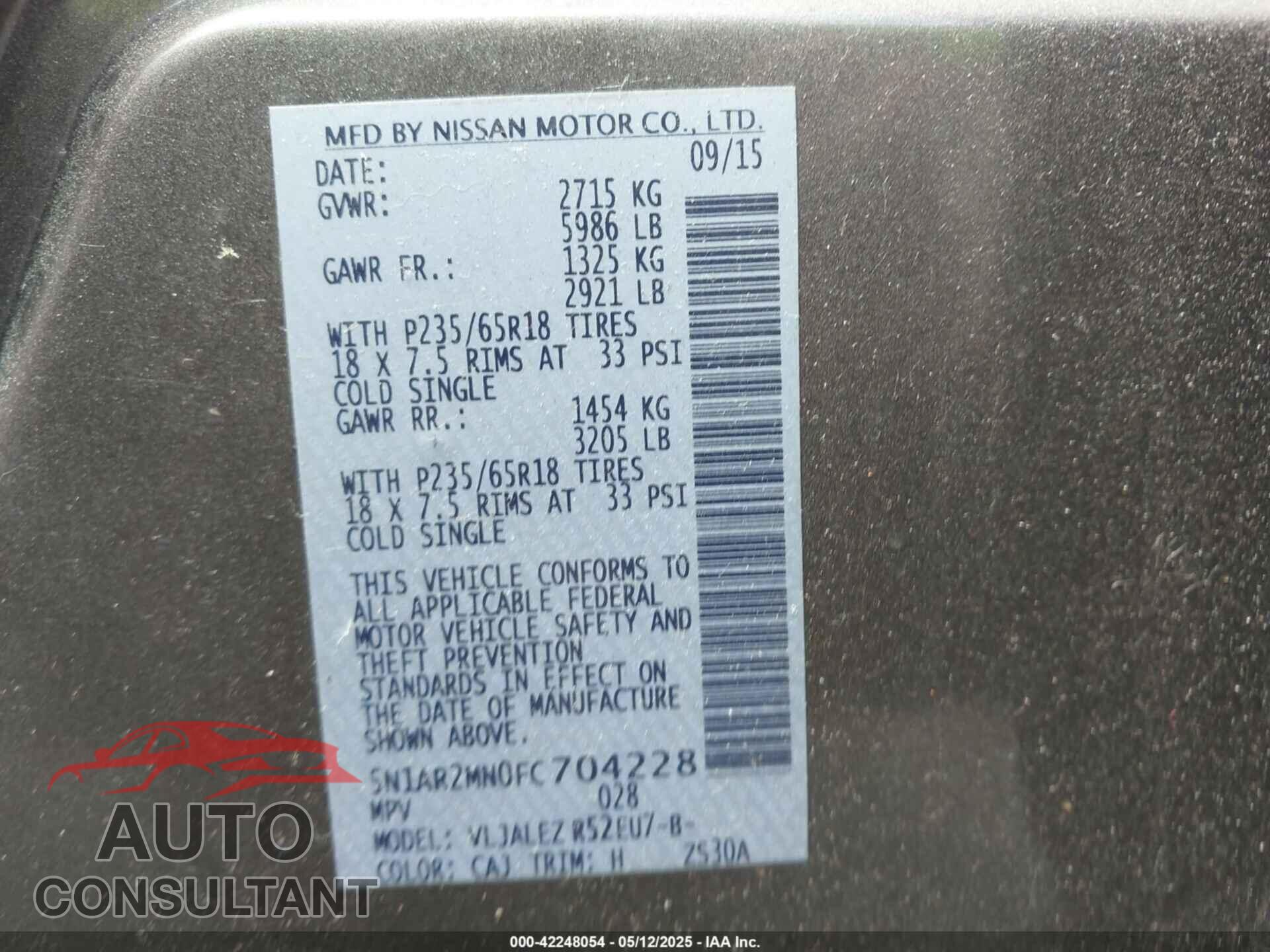 NISSAN PATHFINDER 2015 - 5N1AR2MN0FC704228