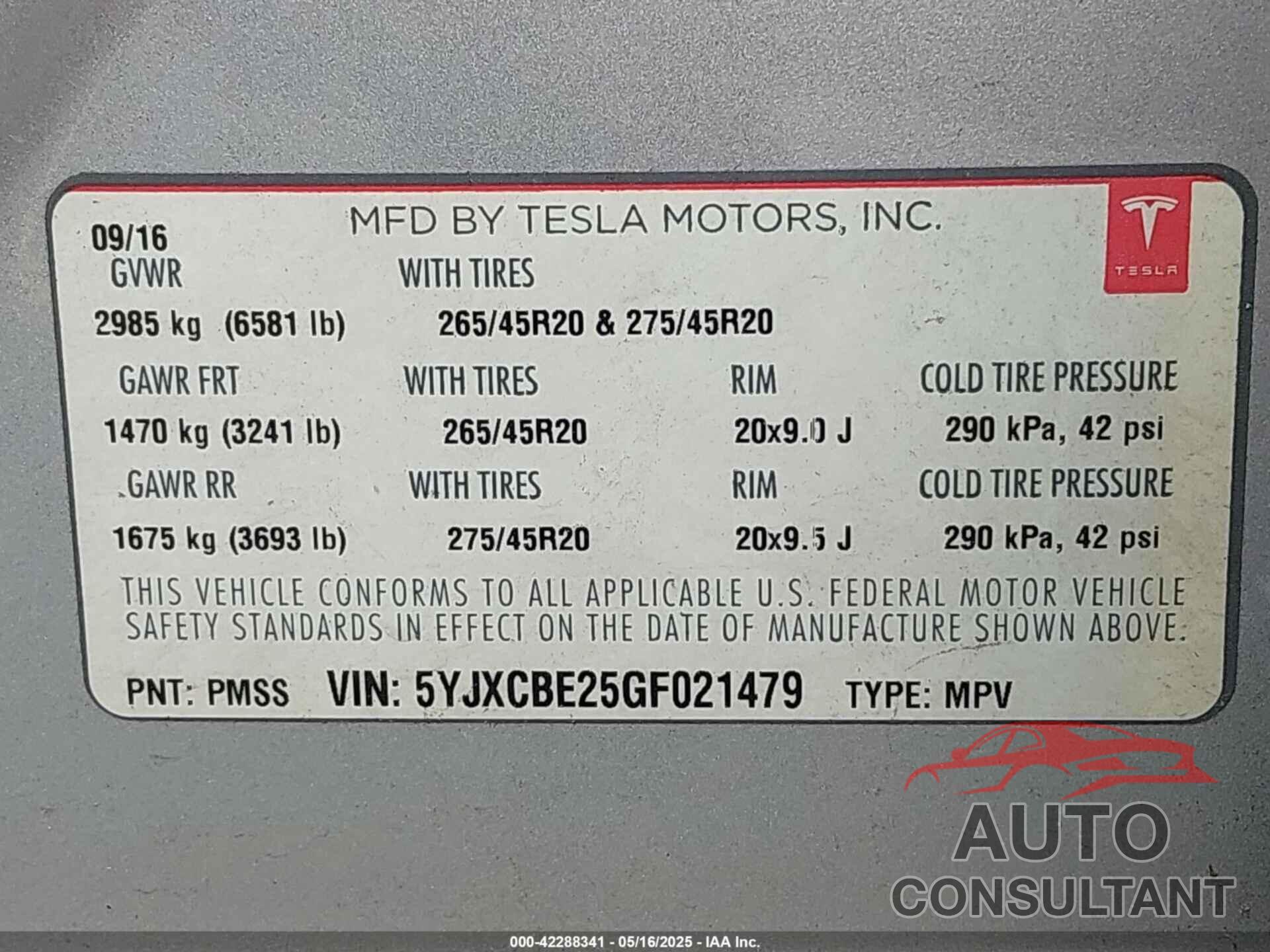 TESLA MODEL X 2016 - 5YJXCBE25GF021479