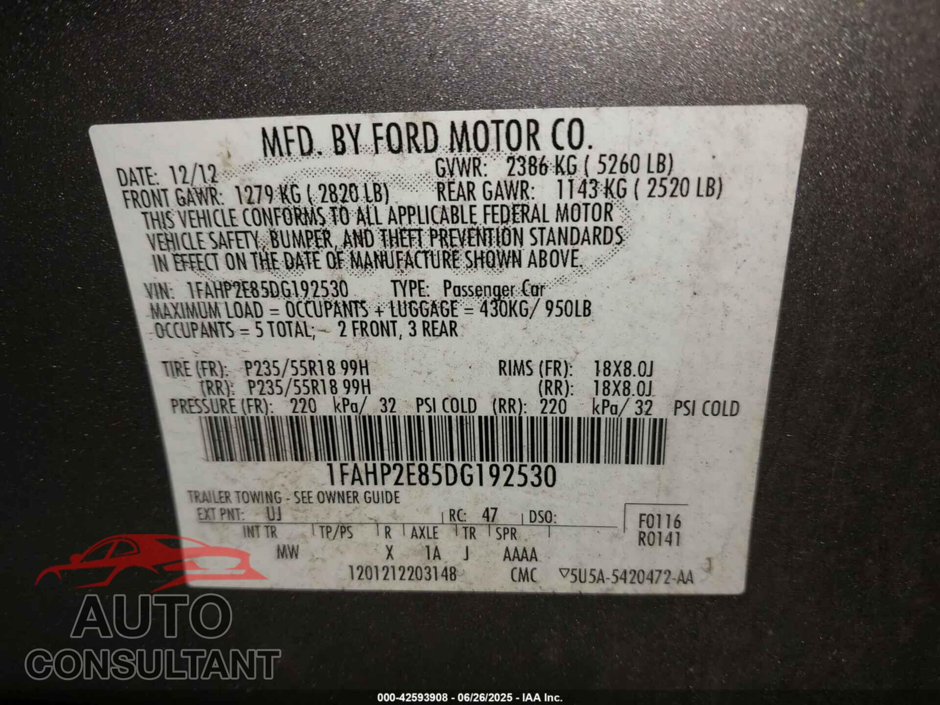 FORD TAURUS 2013 - 1FAHP2E85DG192530